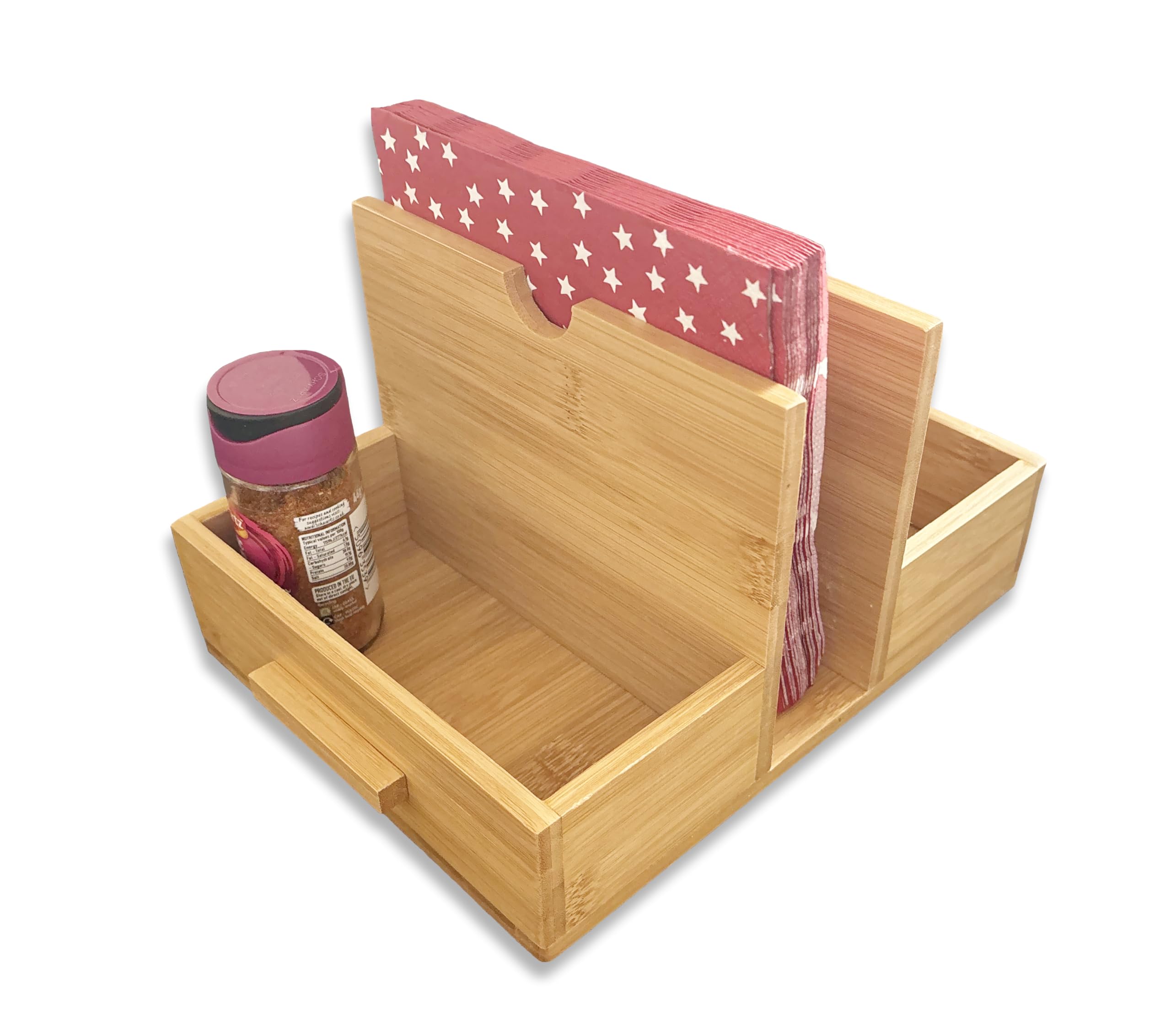Ecowonder Wooden Napkin Holder With Spice Rack For Table, Serviette Holder With Salt & Pepper Shaker Standing, Paper Napkin Dispenser For Kitchen Dinner Restaurant, Napkin Organizer Cutlery Holder Bar Caddy