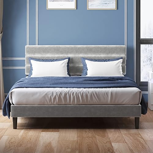 Miniatura 7 de Mjkone Base de cama de plataforma tamaño King con cabecera ajustable, moderno marco de cama tapizado de terciopelo holandés, marco de cama con