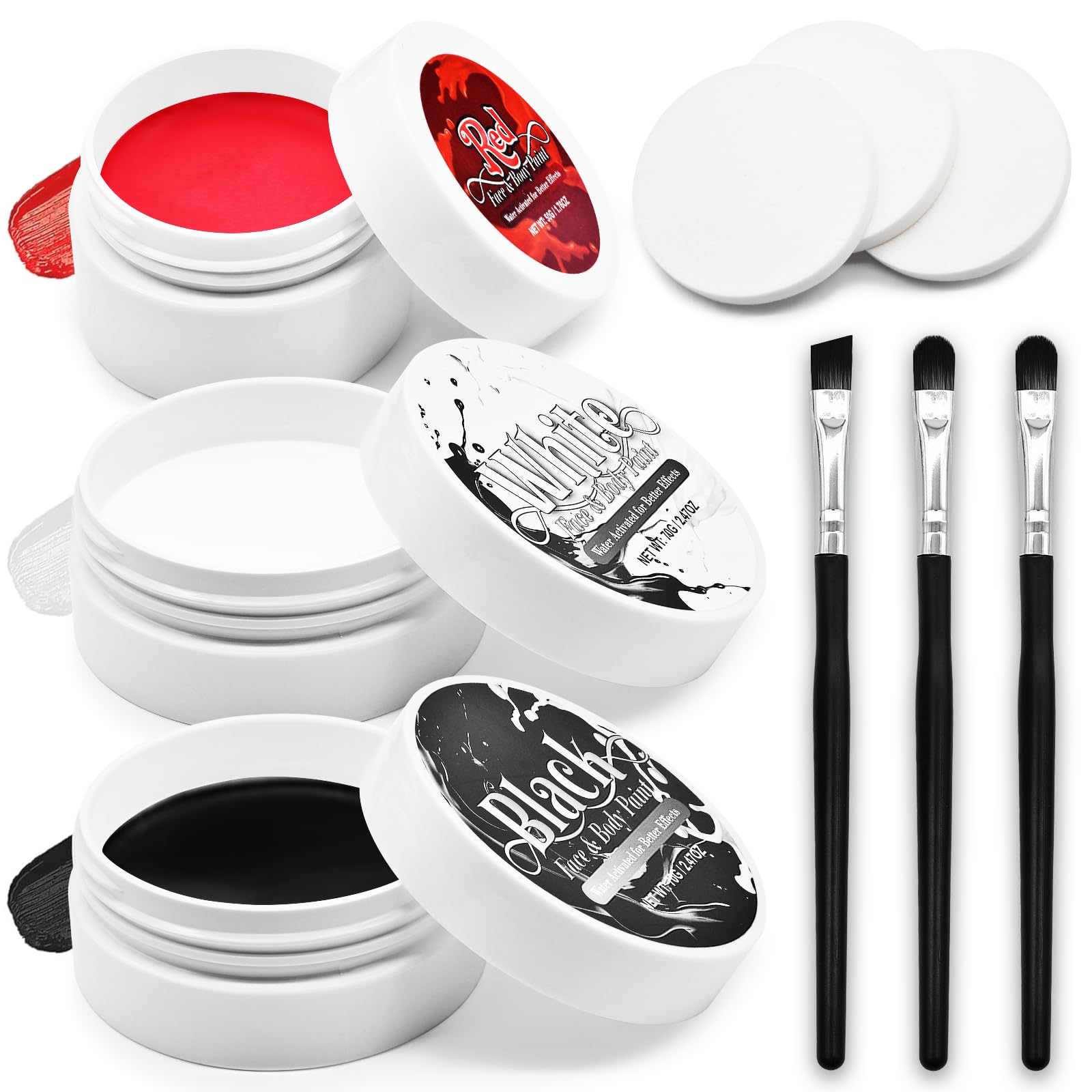 3-Piece Red Black White Face & Body Paint Set - Professional Corpse Cosplay SFX Makeup Kit for Halloween, Skeleton, Skull , Clown, Vampire, Zombie, Full Coverage Skin Paints for Adults Kids