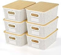 OHMLOVE Stackable Plastic Storage Baskets with Bamboo Lids, 6 Pack - Organizing Bins for Kitchen, Office, Closet, Playroom & More (10.2x7x4 Inch)