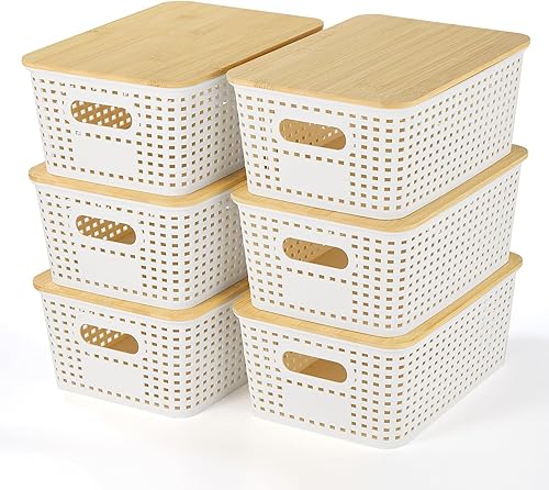 Miniatura 7 de Plastic Storage Baskets With Bamboo Lid - Plastic Storage Containers Stackable Storage bins Storage Baskets for Organizing Shelves Drawers Desktop
