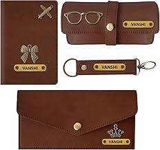 Personalized Women’s Gift Combo with Leather Long Wallet, Passport Cover, Sunglasses Case and Keychain; Giftset for Valentines, Birthdays & Wedding Anniversary (Brown)