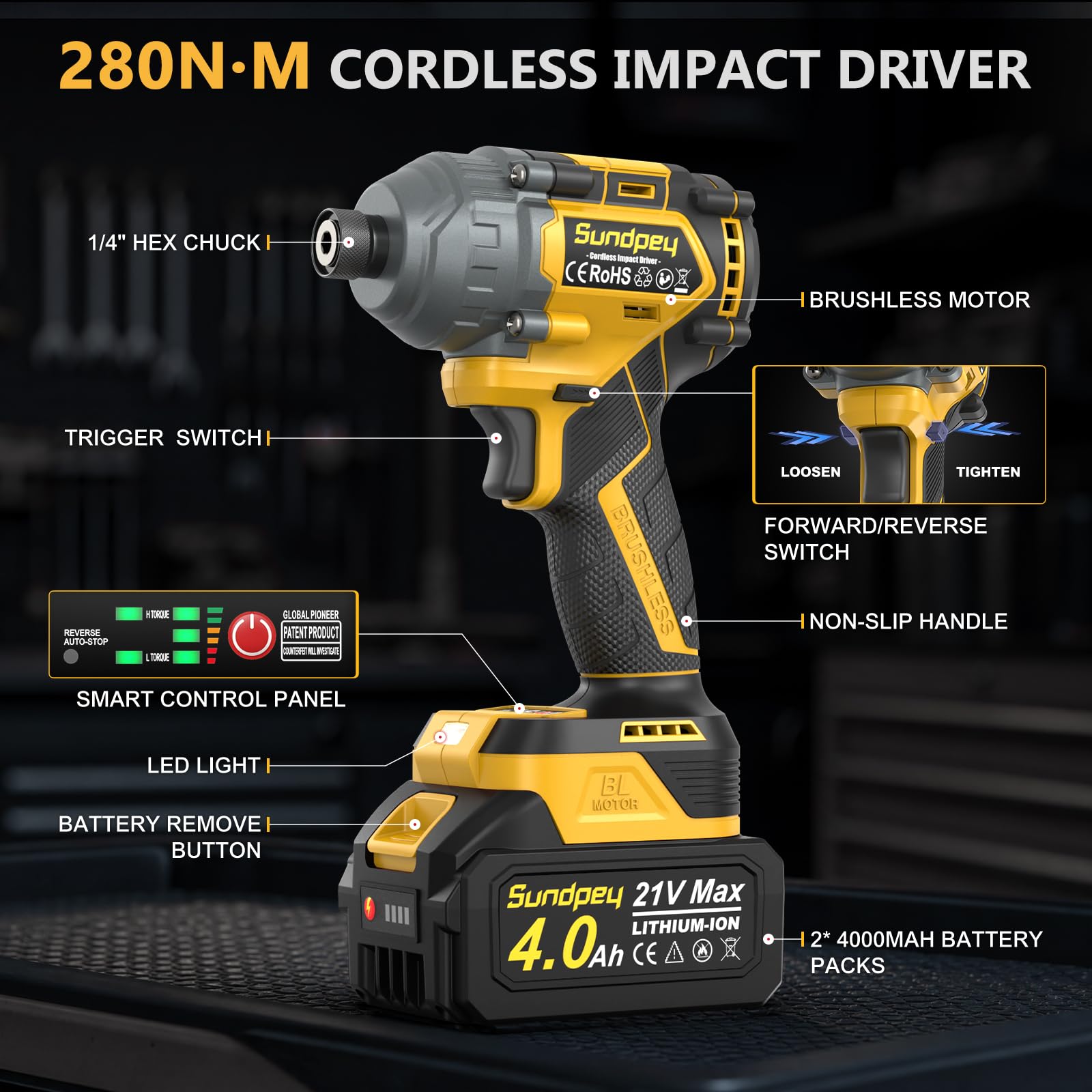 Sundpey Avvitatore a Impulsi Senza Fili 280N·m, Giallo | Avvitatore ad Impulsi con 14 Prese e 10 Punte 21V Avvitatore a Percussione Brushless Serrare e Rimuovere Rapidamente le Viti