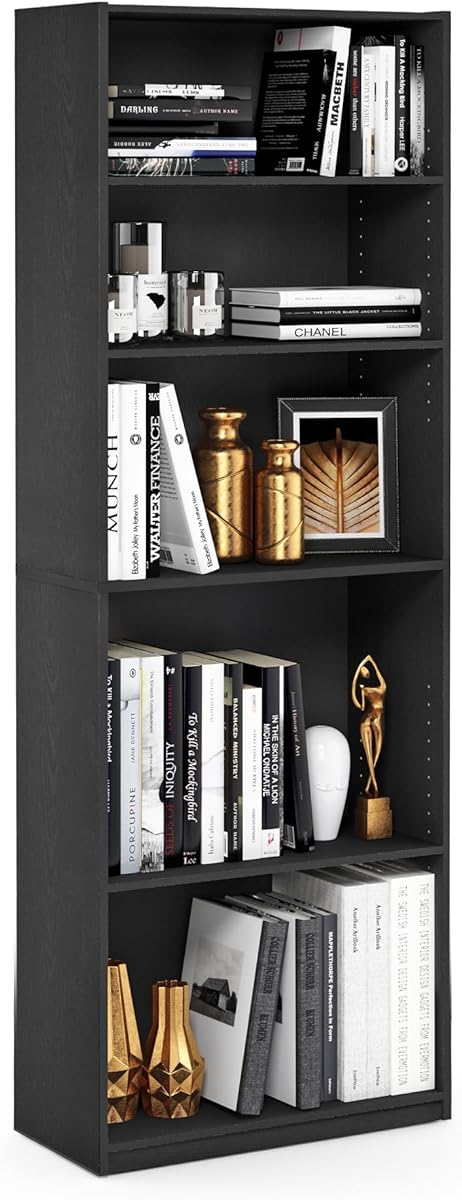 Furinno Jaya Book Shelf, 5-Tier Bookshelf, Bookcase with Adjustable Shelves, 9.5 x 24.5 x 71.2, for Organization and Storage, for Living Room, Bedroom, Home Office, Blackwood