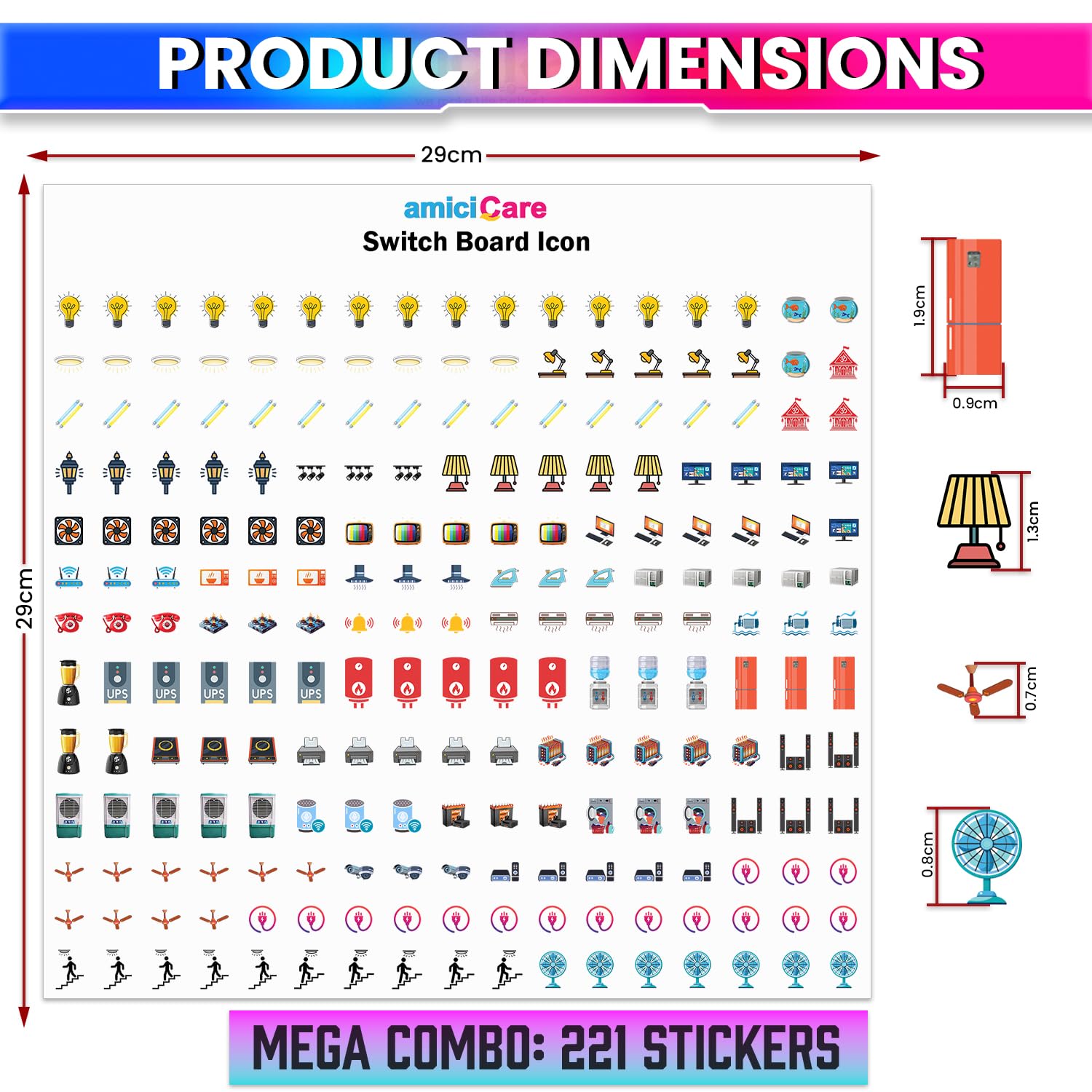 amiciCare Switch Board Stickers – 42 Embossed Self-Adhesive Unique Design 2