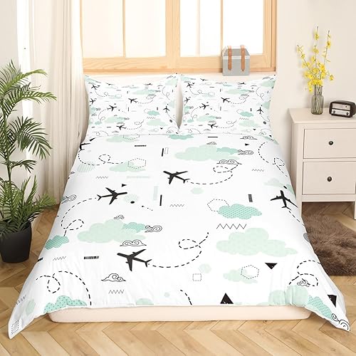 Vista 44 de Erosebridal Funda de edredón de avión de dibujos animados, tamaño matrimonial, juego de ropa de cama de aviones para niños, lindo amarillo, verde