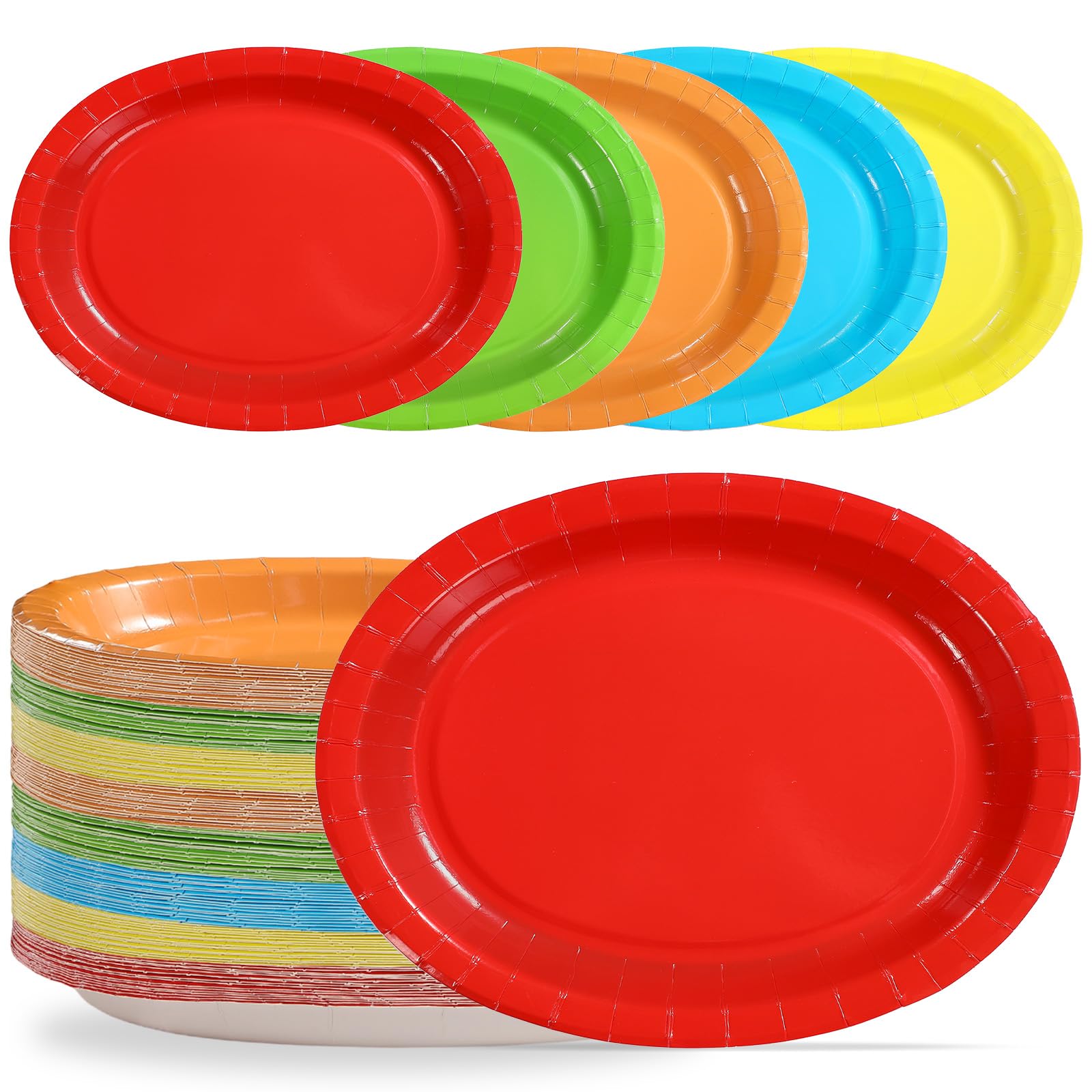 Grencian Bunte ovale Pappteller, 25,4 x 30,5 cm, groß, einfarbig, Regenbogen-Partyteller, 5 klassische Farben, robuste mexikanische Einwegteller für Fiesta, Karneval, Neon, Geburtstag, Weihnachten