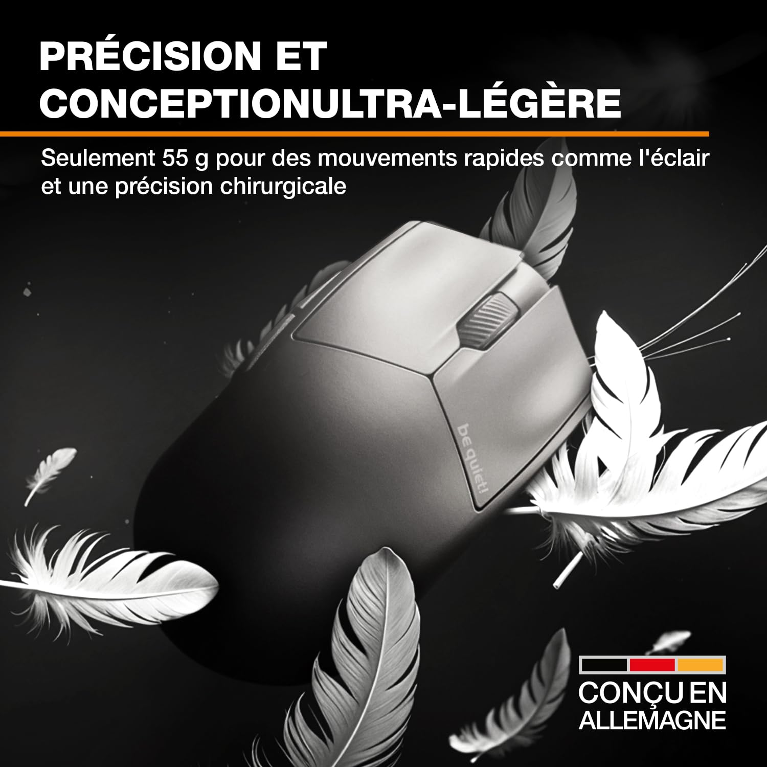 be quiet! Dark Perk Sym Souris PC, Poids Plume de 55 g, autonomie sans Fil Ultra-Longue, taux de rafraîchissement de 8 000 Hz, capteur PixArt PAW3950, 32 000 DPI, commutateurs optiques 70m