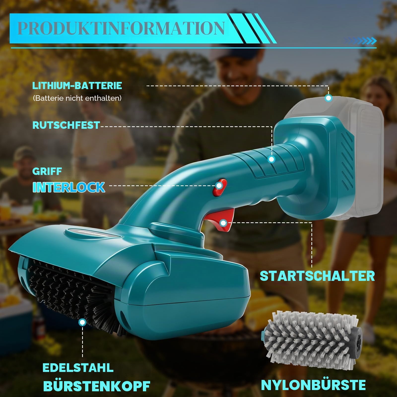 WingFly Elektrische Grillbürste Kompatibel mit Makita 18V Akku, 1300RPM | Edelstahlborsten, Leistungsstarke Grill Reinigungsbürste, Kabellos, für BBQ, Gussrost, Gasgrill, Elektrogrill