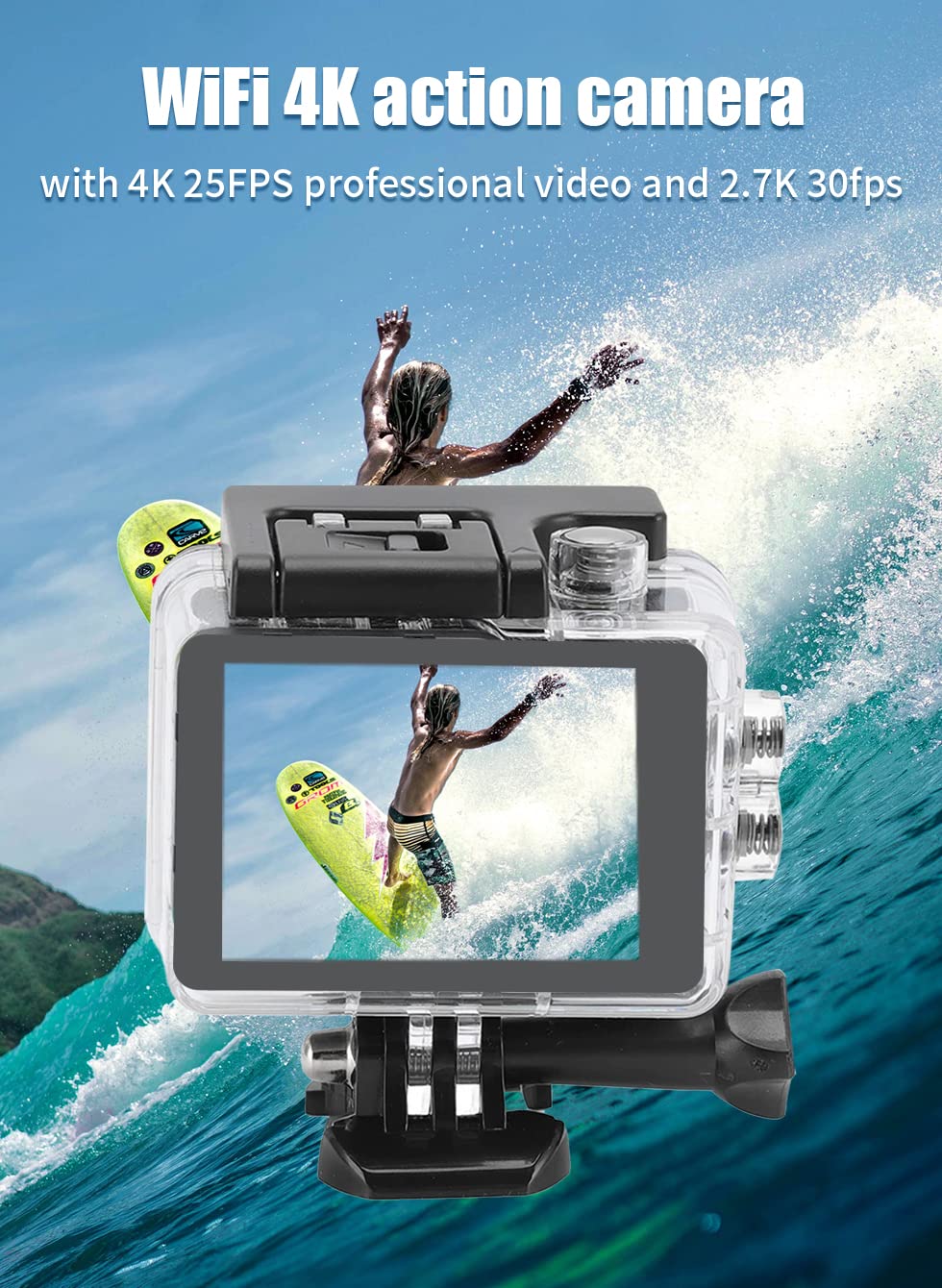 Kamera nurkowa WiFi Action, dostępne połączenie z aplikacją, wodoodporna kamera sportowa 4K High Definition z obiektywem szerokokątnym 170 stopni do podwodnej jazdy na rowerze na świeżym powietrzu