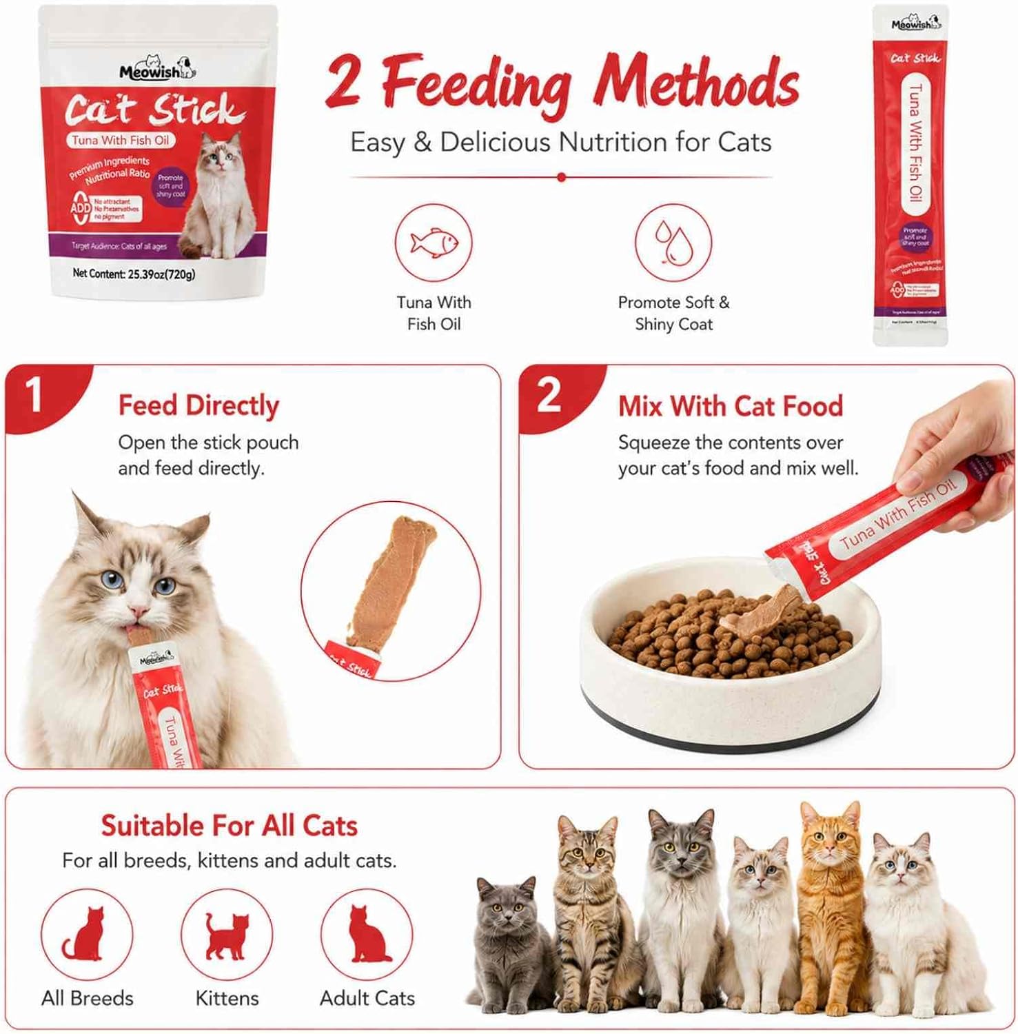 Meowish Lickable Puree Cat Sticks, Tuna with Fish Oil,kin & Coat Support image 4