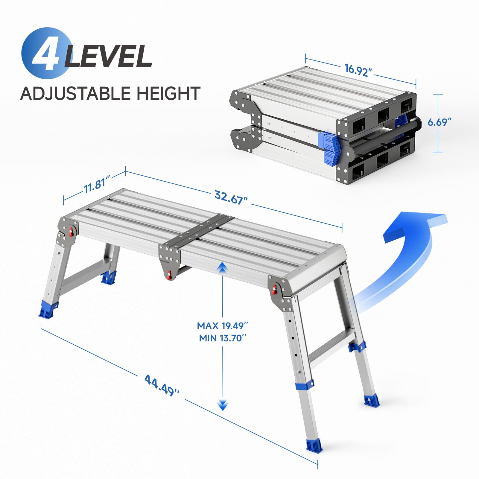 Loyoda Plataforma de trabajo plegable para adultos, taburete plegable de aluminio de altura ajustable, ligero y duradero, escalera de aluminio portátil para exteriores, capacidad de carga máxima de