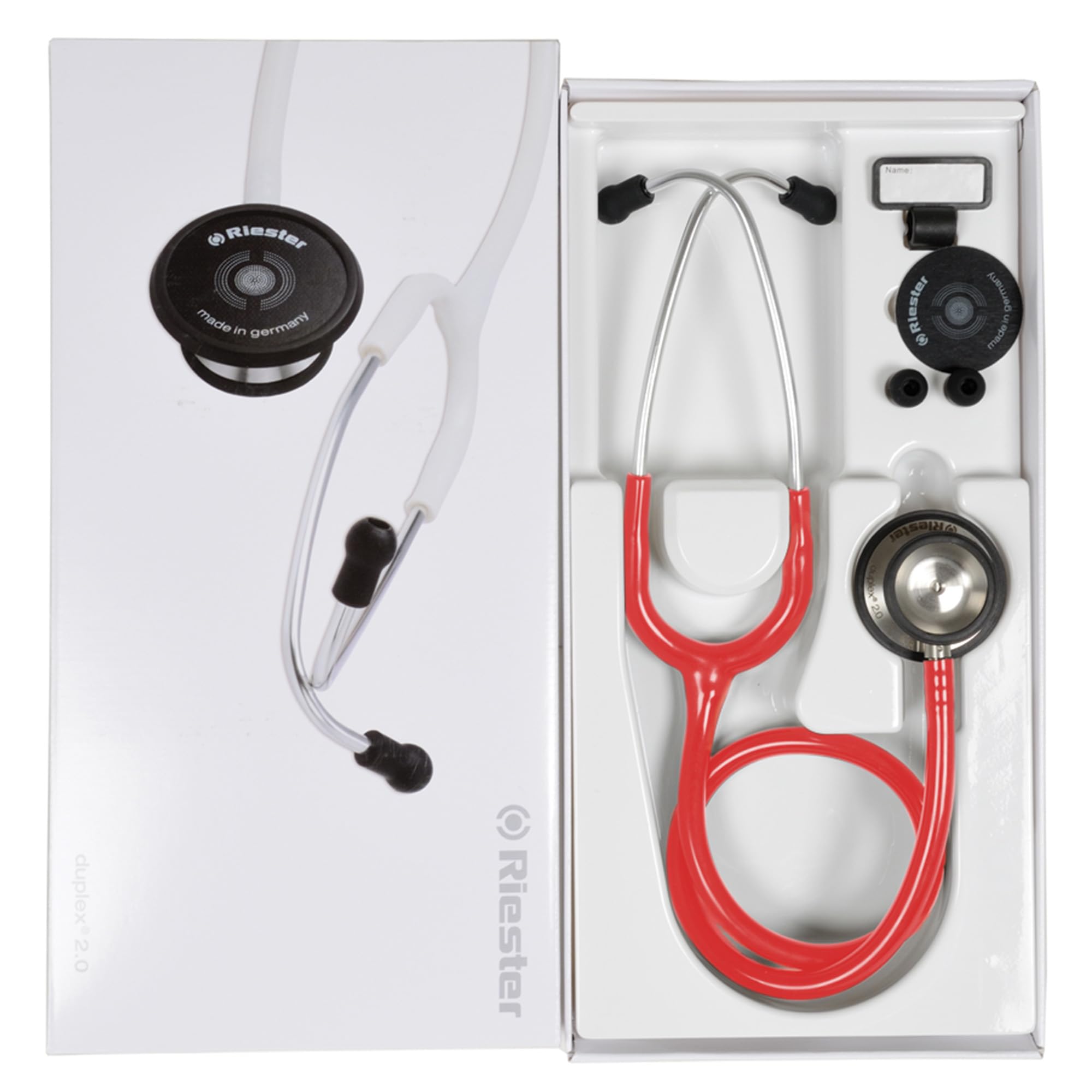 Riester - Estetoscopio Duplex 2.0, alto rendimiento acústico, con placa por nombre, aceitunas de repuesto y membrana, acero inoxidable, para adultos, rojo, 32336