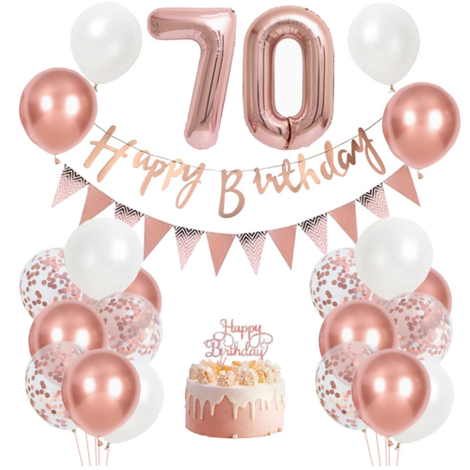 70th Birthday Decoration Set with Metallic Rose Gold Balloons and Banner - Complete Party Set for Adult Celebrations Including Confetti Balloons, Cake Topper, Sash and Garland for Indoor Events
