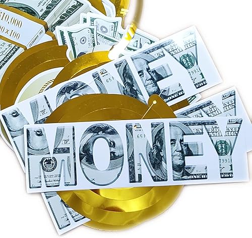 Miniatura 7 de Kit de decoración temática de dinero, carteles de billetes de dólar, pancarta de cumpleaños y espirales colgantes, símbolo de moneda para