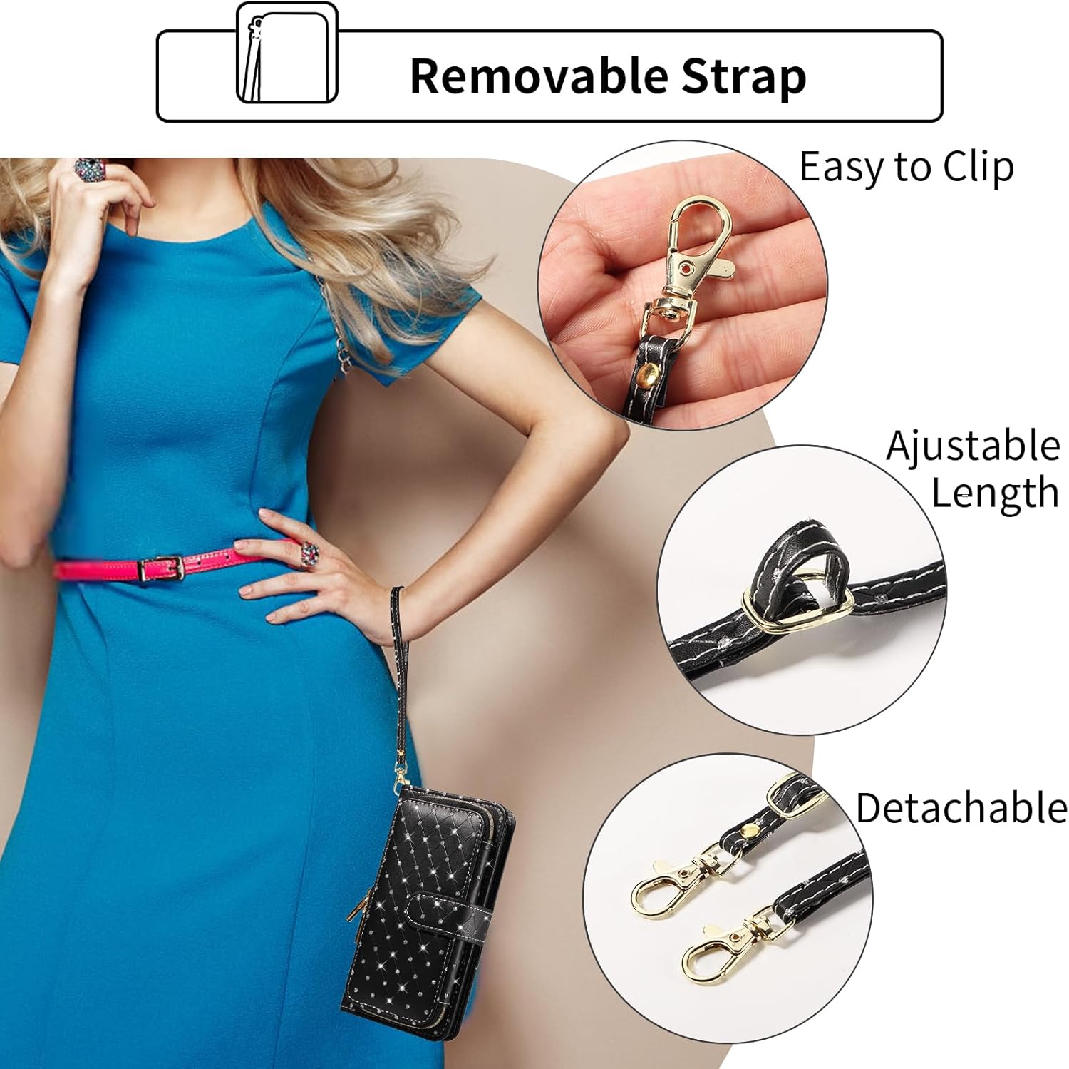 Asuwish Phone Cover for Samsung Galaxy Z Fold 5 5G 2023 Wallet Case Cell Zipper with Crossbody Lanyard Strap Bling Glitter Flip Card Holder Slot ZFold5 Z5 G Fold5 ZFold 5Z Women Girls Men Black