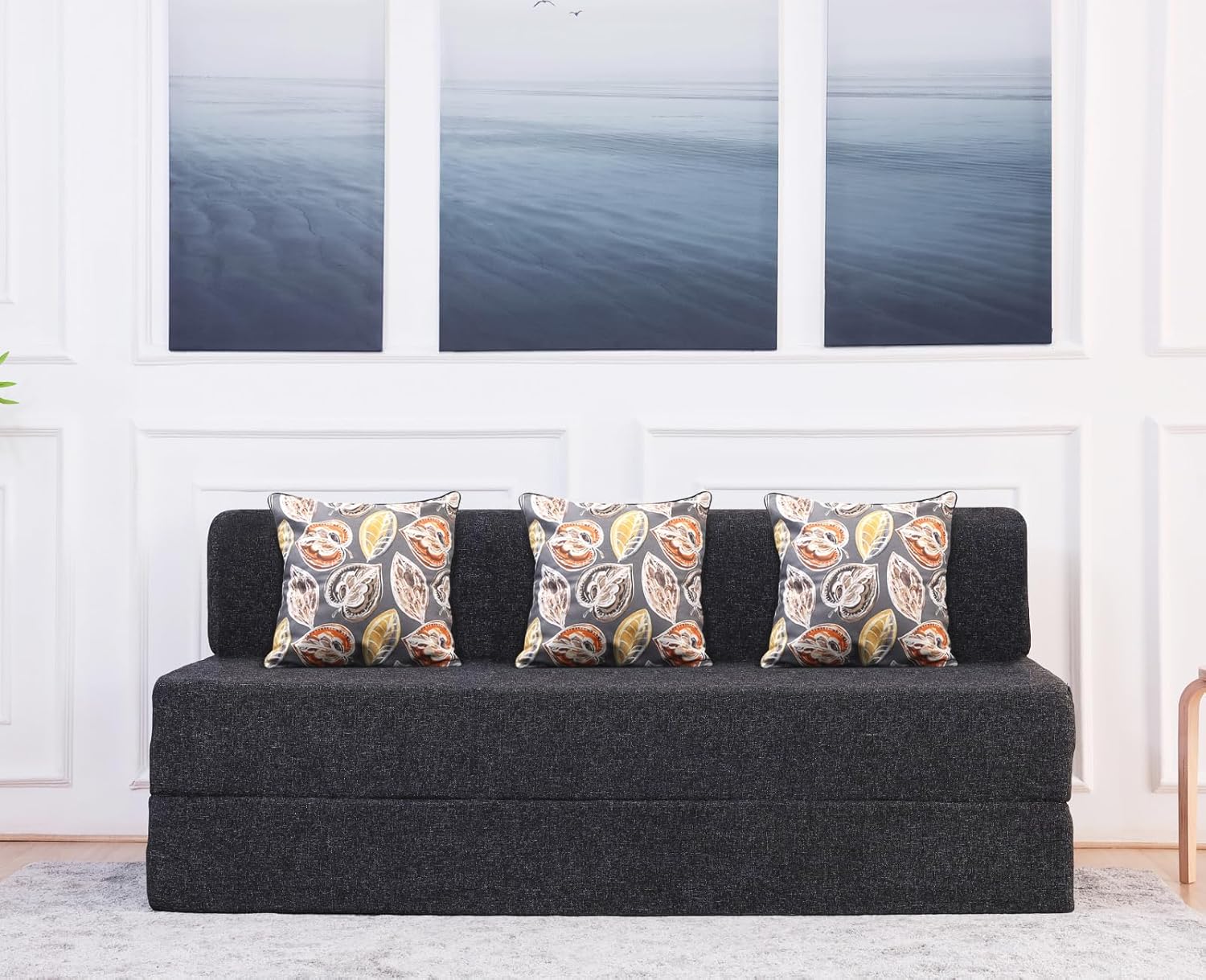 uberlyfe Jumbo Sofa Cum Bed | Jute Fabric Washable Cover | 3 Cushions Fall Leaves Pattern | Dark Grey | 6.5′ X 6.5′ Feet uberlyfe Jumbo Sofa Cum Bed | Jute Fabric Washable Cover | 3 Cushions Fall Leaves Pattern | Dark Grey | 6.5′ X 6.5′ Feet