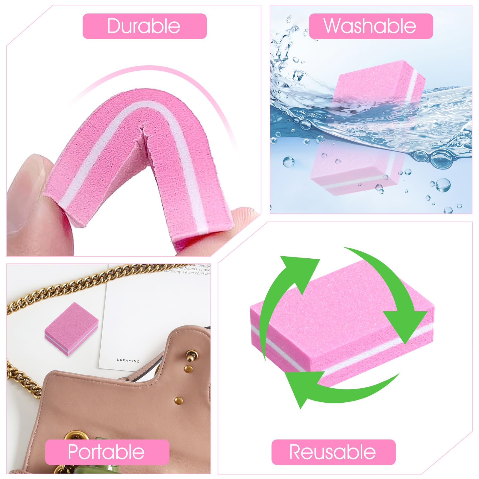 Buffer per unghie (confezione da 500), lima per unghie acriliche e unghie naturali, grana 100/180, piccoli blocchi buffer per lucidatura professionale per manicure professionale, colore rosa