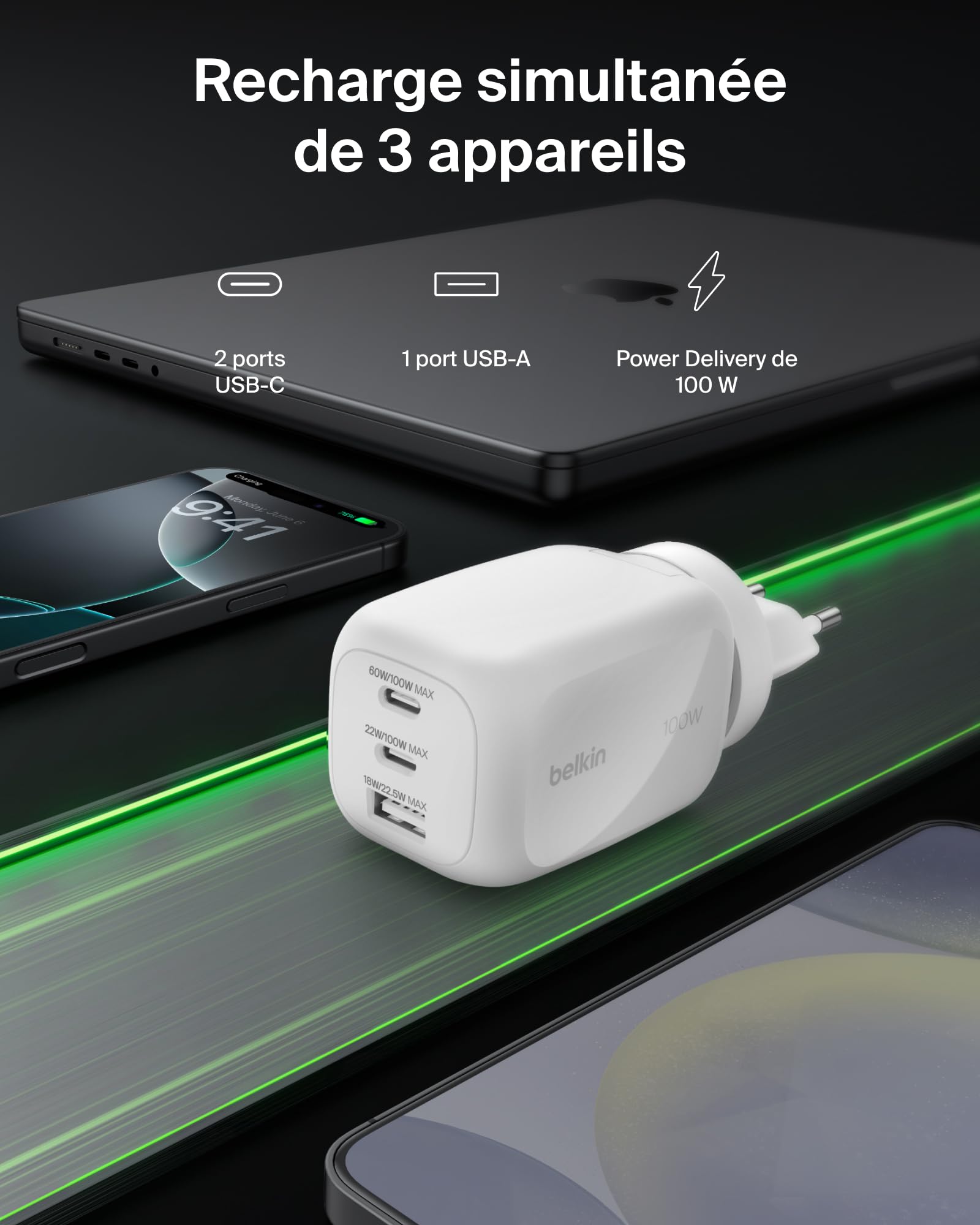Belkin Chargeur Secteur GaN 3 Ports USB-C 100 W, 2 Ports USB-C et 1 Port USB-A, Fiches électriques UE/R.-U. / É.-U., pour MacBook, iPhone, iPad Pro, Samsung Galaxy, Google Pixel, etc - Blanc