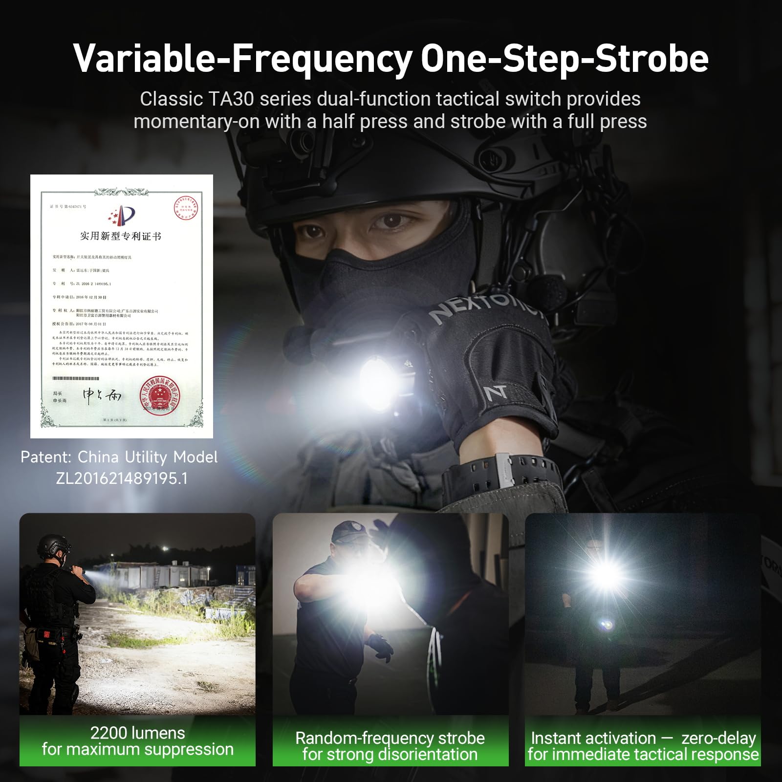 Nextorch TA30D - Torcia tattica da 2200 lumen, impermeabile, luminosa, ricaricabile, con 5 modalità e set di anelli, per la ricerca tattica di emergenza domestica all'aperto e notturna