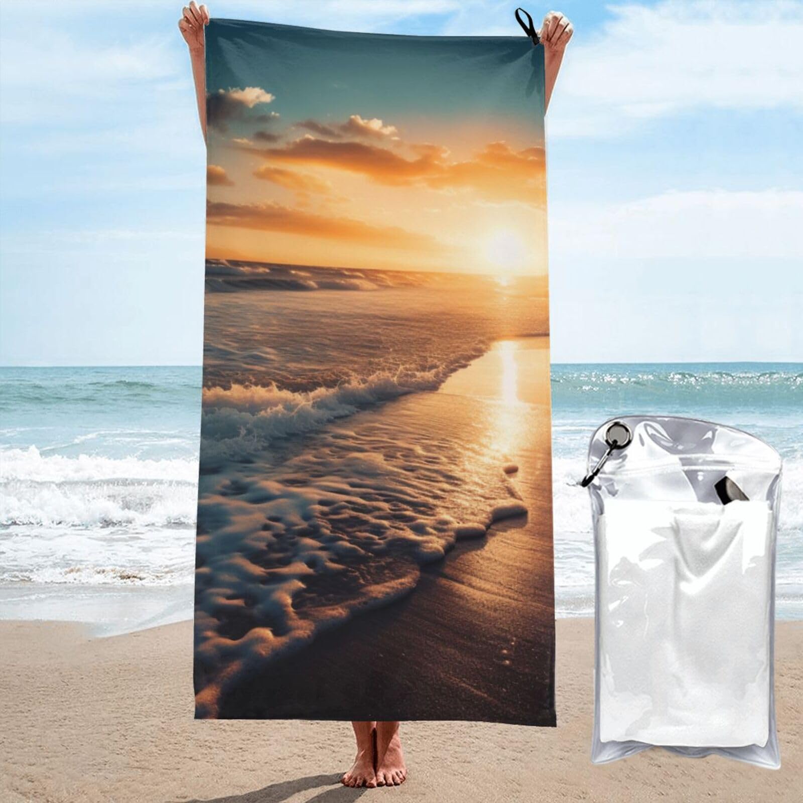BWWHCCTI Sea Beach Sunset Printed Microfiber Quick Dry Beach Towel 80x160 CM, Fast Drying Bath Towels with Bags for Travel,Camping,Gym,Beach,Swimming,Yoga