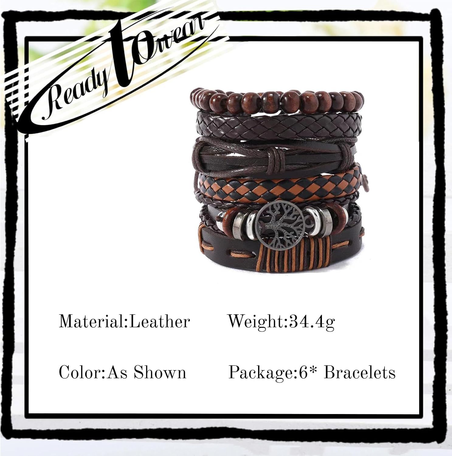 GAUEIOUR Leather Bracelet for Men Women, Life Tree Brown Braided Leather Beaded Wristband, Multi-Layer Adjustable Retro Mens Bohemian Jewelry Gifts for Friends Lovers Family (6 Pcs Set)