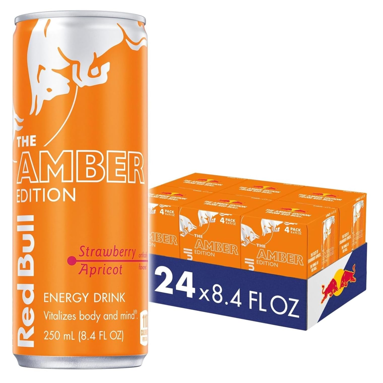 Red BullAmber Edition Energy Drink, Strawberry Apricot, with 80mg Caffeine plus Taurine & B Vitamins, 8.4 Fl Oz, 6 Packs of 4 Cans (Pack of 24)