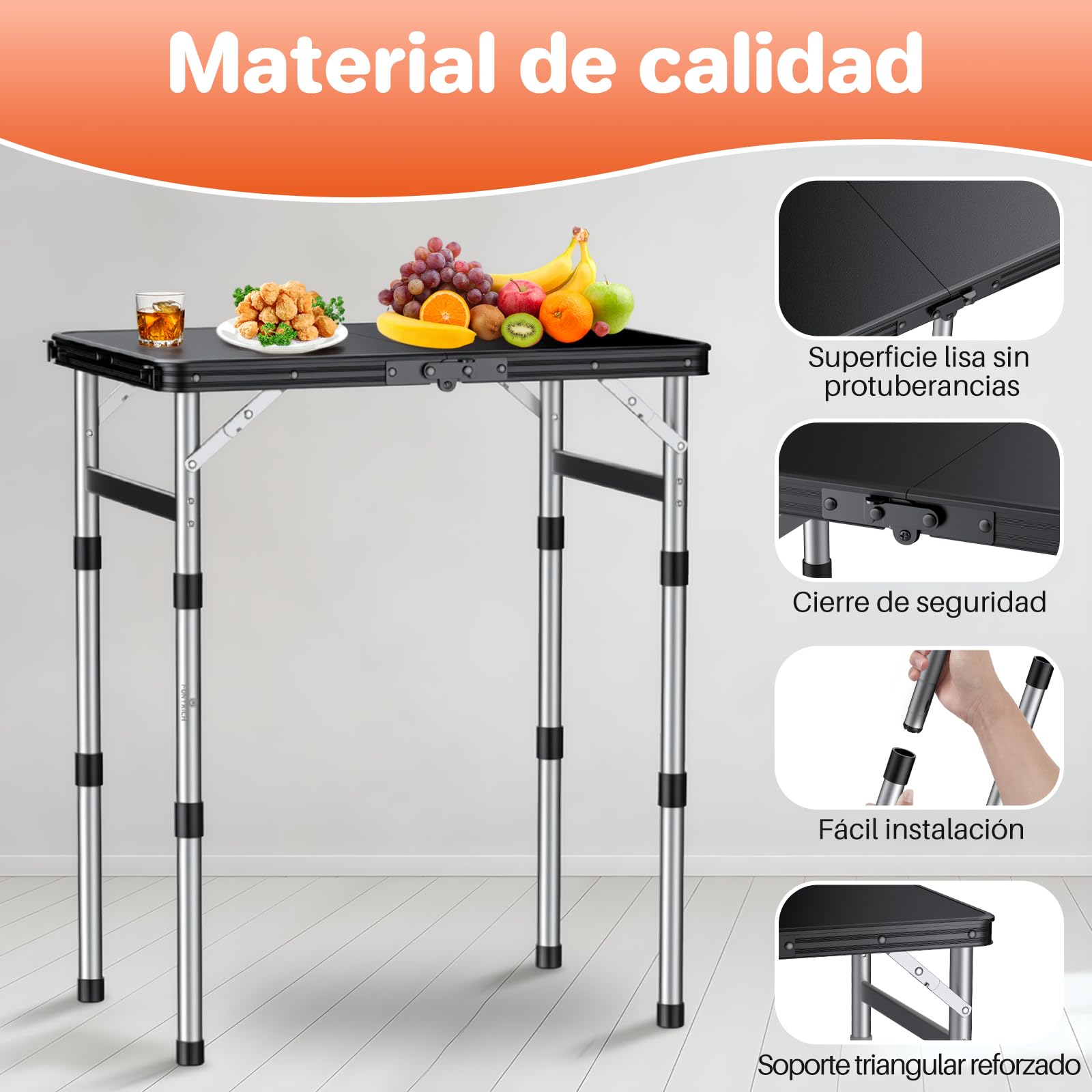 FUNYKICH Mesa Plegable Plástico 58x40cm 3 Alturas Ajustables (26/48/70 cm) | Mesa Plegable Camping Portátil, Más Impermeable,Superficie de Mesa Plana, para Picnic Camping Pesca Barbacoa