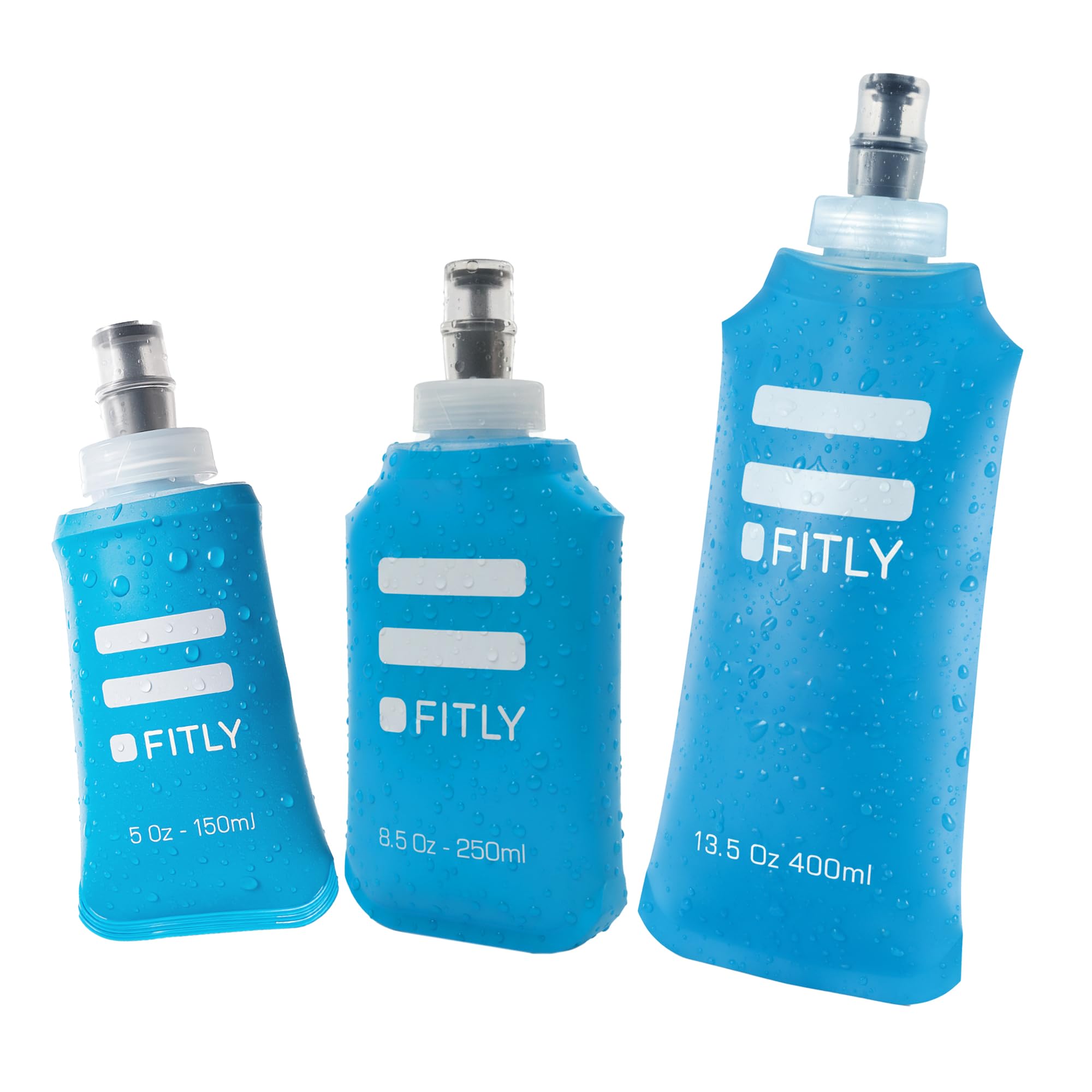 FITLY FLASKS Combo – 3 Soft Flasksfor Hydration While Running Hiking Cycling Climbing - Collapsible Water Bottles (5-8.5 - 13.5 oz, 150-250 - 400 ml)
