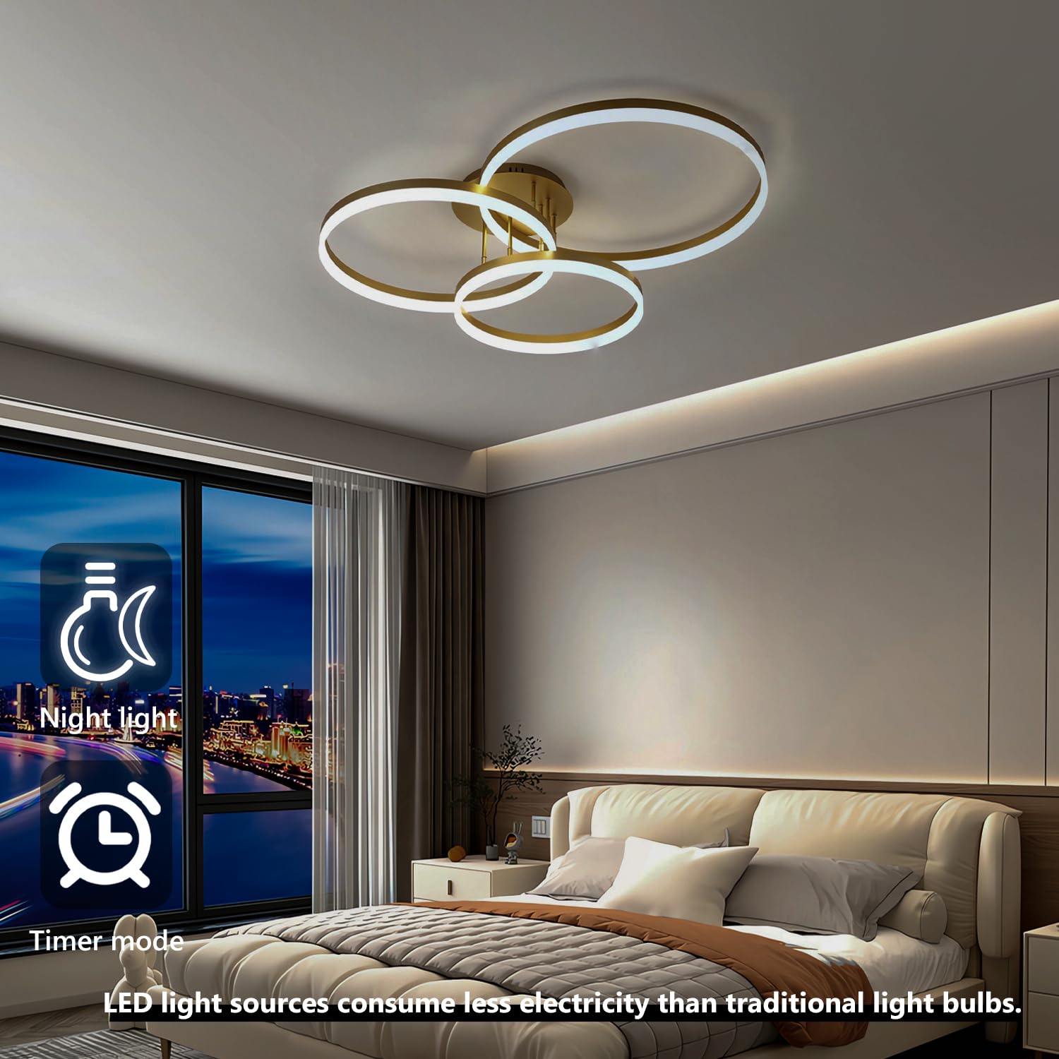 Moderner Led Deckenleuchte Dimmbar Wohnzimmerlampe Verstellbare Runde Deckenlampe mit Fernbedienung 75W 3-Ring Schlafzimmer Decke Licht Bürobeleuchtung für Küche Esszimmer (Gold, L80cm)