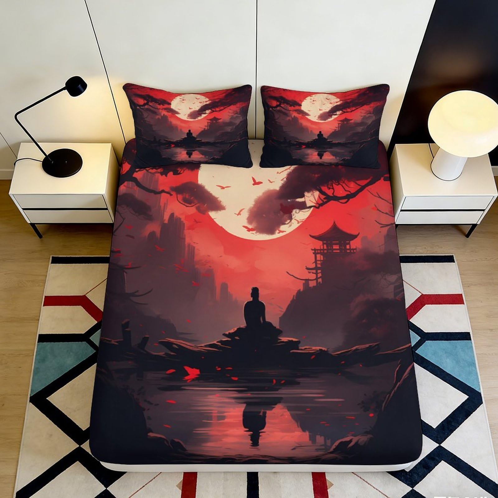 3D Printed Red Moon Meditation Fitted Sheet Microfiber Soft Anti-Slip Japanese Pagoda Bed Cover for Bedroom Decor 160x200x25cm