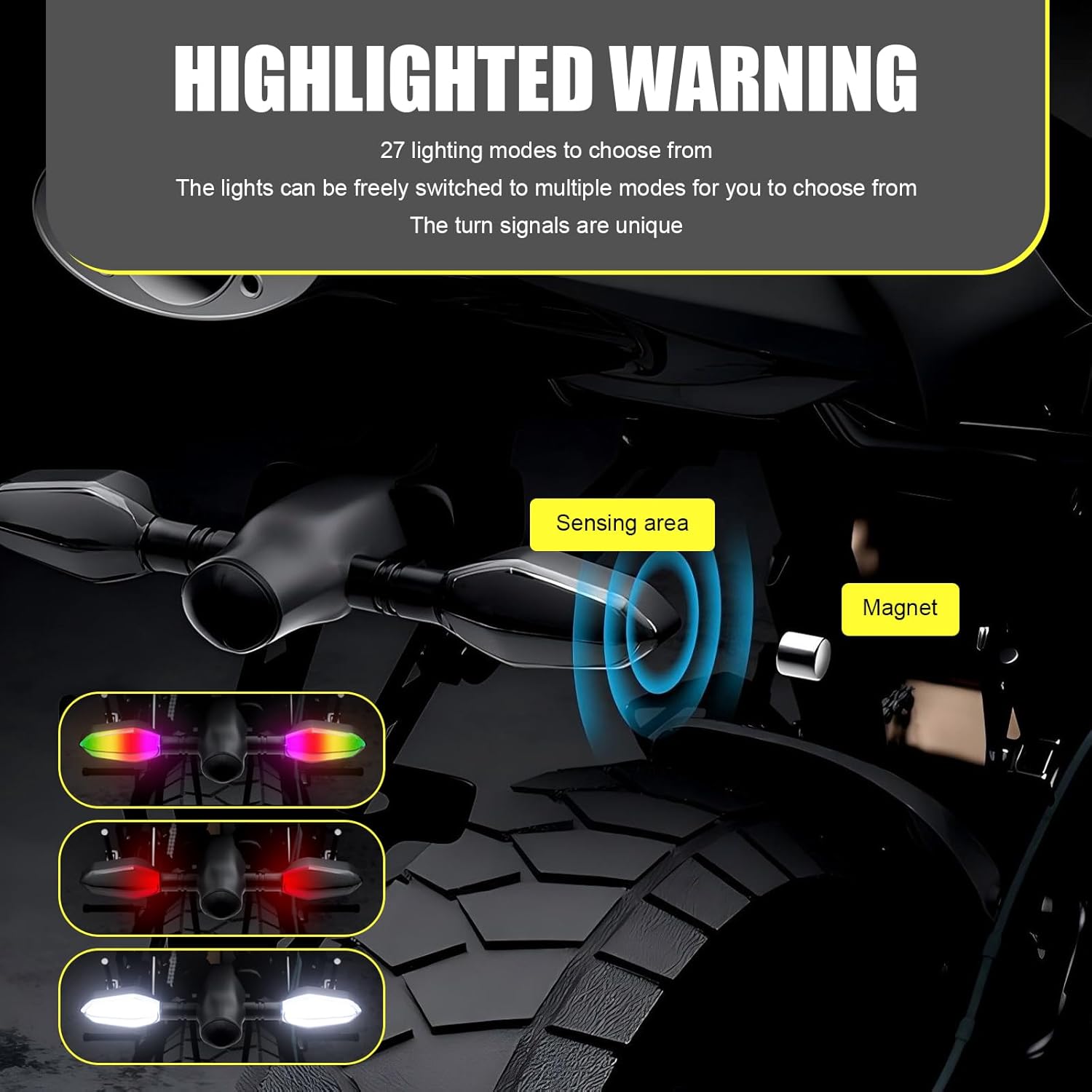 2PCS Motorcycle Turn Signals Projector Blinkers, Motorbike Front Rear Led Lights with Projection Arrow, 3 Wire Turn Signal Lights for Motorcycles Indicators, 27 DRL Light Modes (Yellow)