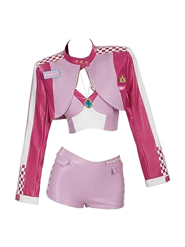 miccostumes Women's Costume Peach Cosplay Casual Outfit Pink Racing Suit Short Top and Jacket with Shorts Necklace - Medium