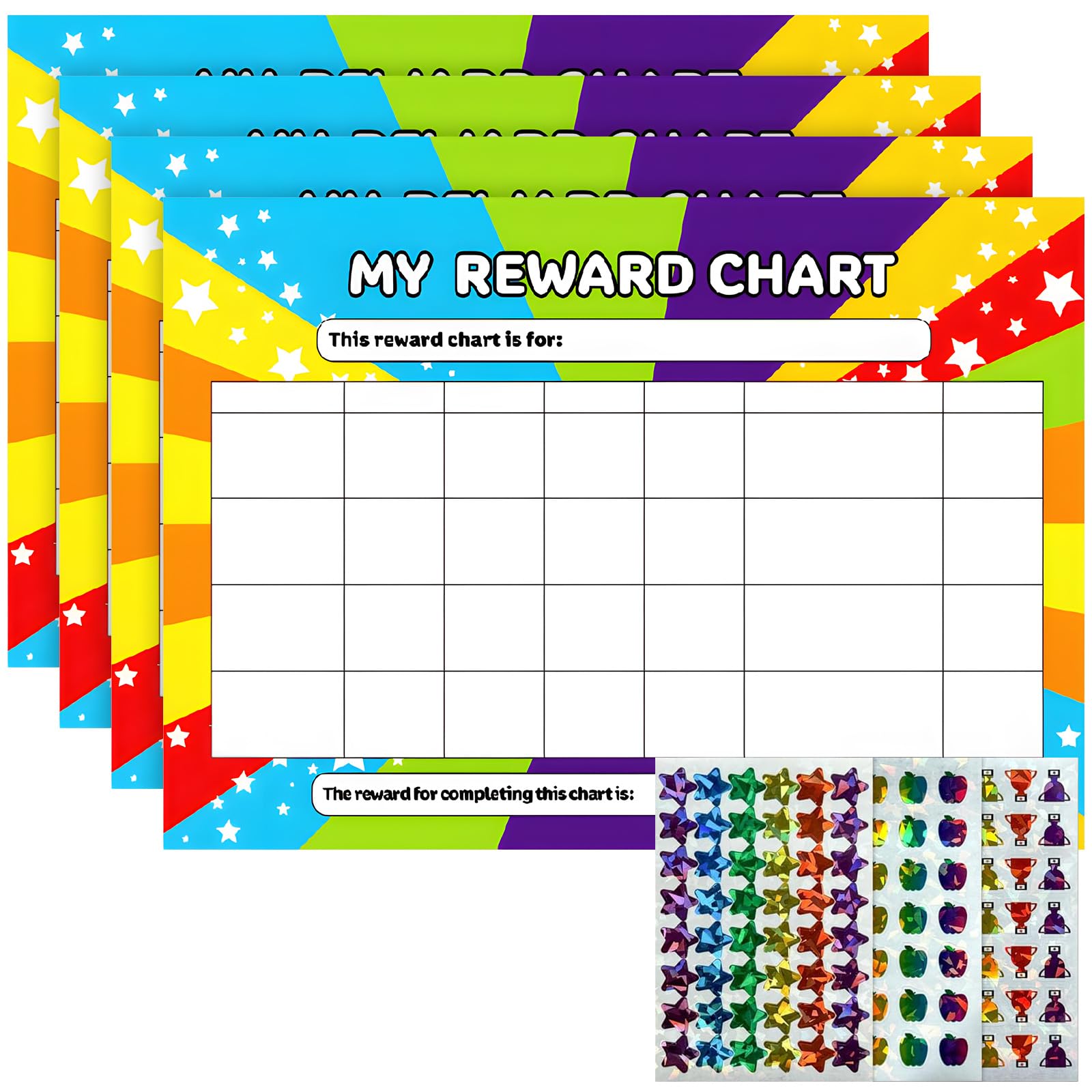 Reward Chart for Children, 4Pcs A4 Star Chart with Stickers 3 Style, Kids Days of The Week Chart for Potty Training, Good Behaviour, Chores