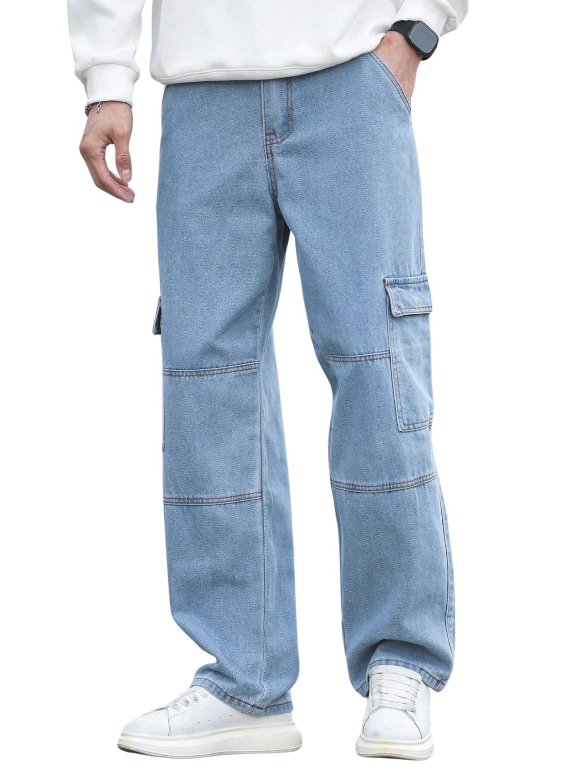 greciilooks Baggy Cargo Jeans for Men – High Rise Relaxed Fit Denim Pants | Cotton Blend Streetwear Utility Jeans with Multiple Pockets-picture-22