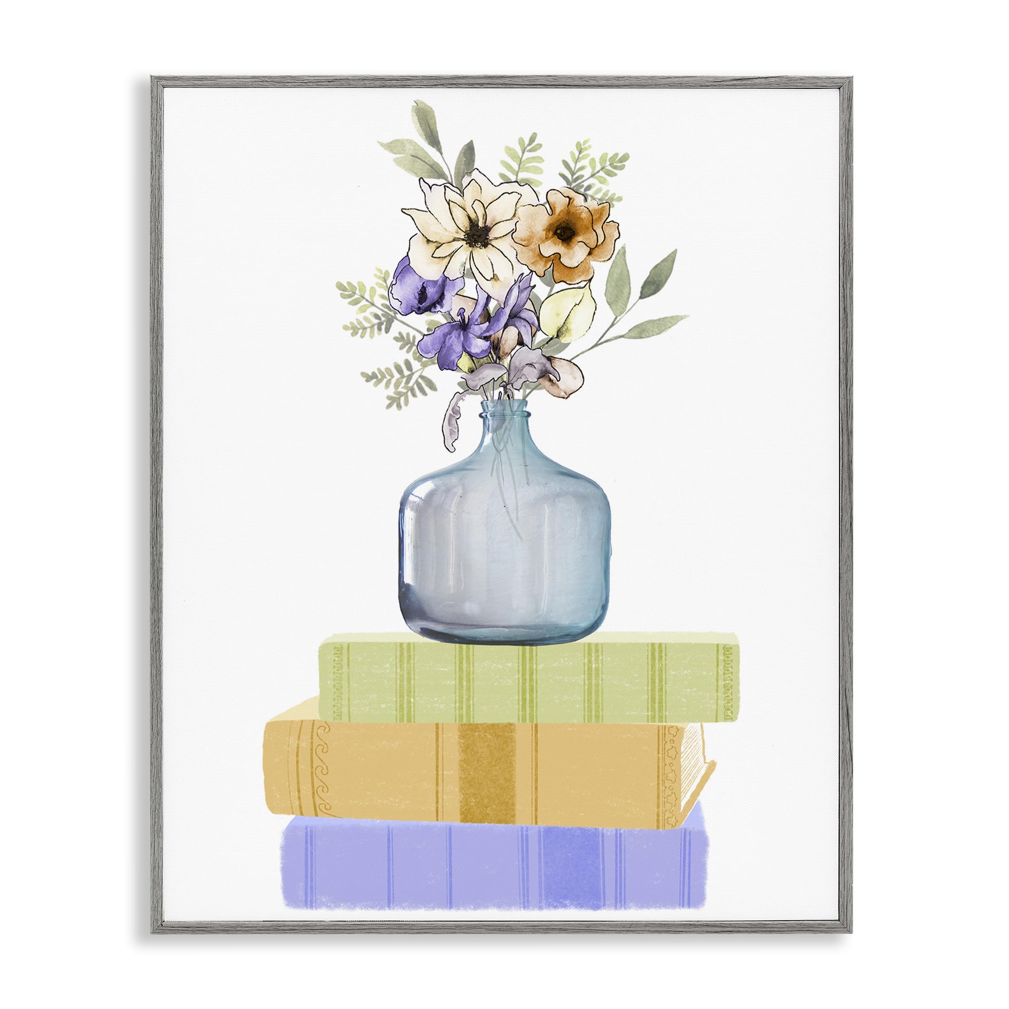 Tableau vase de fleurs sur livres Stupell Industries giclée gris 50x40 cm décor salon