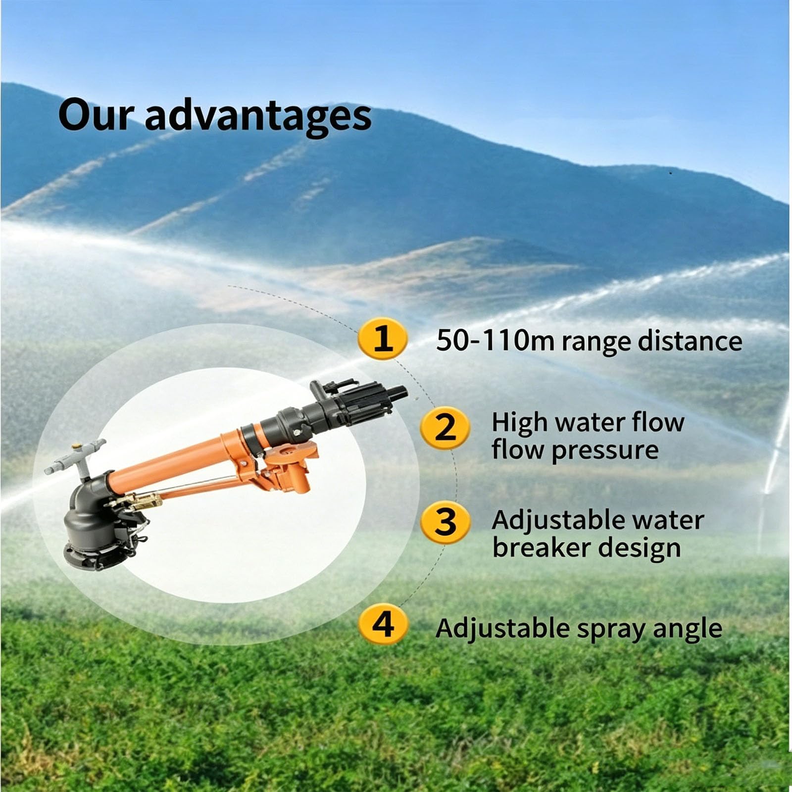 Aspersor de impacto para riego de granja, juego de 4 aspersores, elevación ajustable de 0 a 48 °, rotación de 360°, rango de 50 a 110 m, ideal para agricultura, césped y huerto