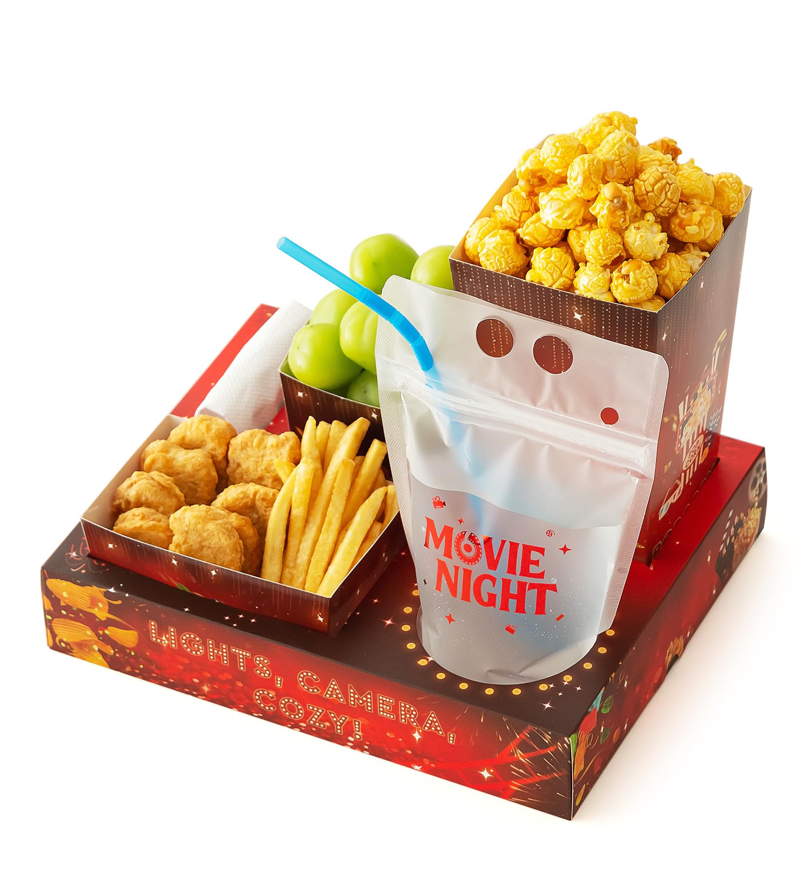 Baffect Filmabend-Snack-Tabletts, 140 Stück, inklusive Film-Snack-Tabletts, Getränkebeutel mit Strohhalmen, Popcorn-Boxen, Salatschüsseln, Nacho-Schalen und Film-Party-Einladungen, für 20