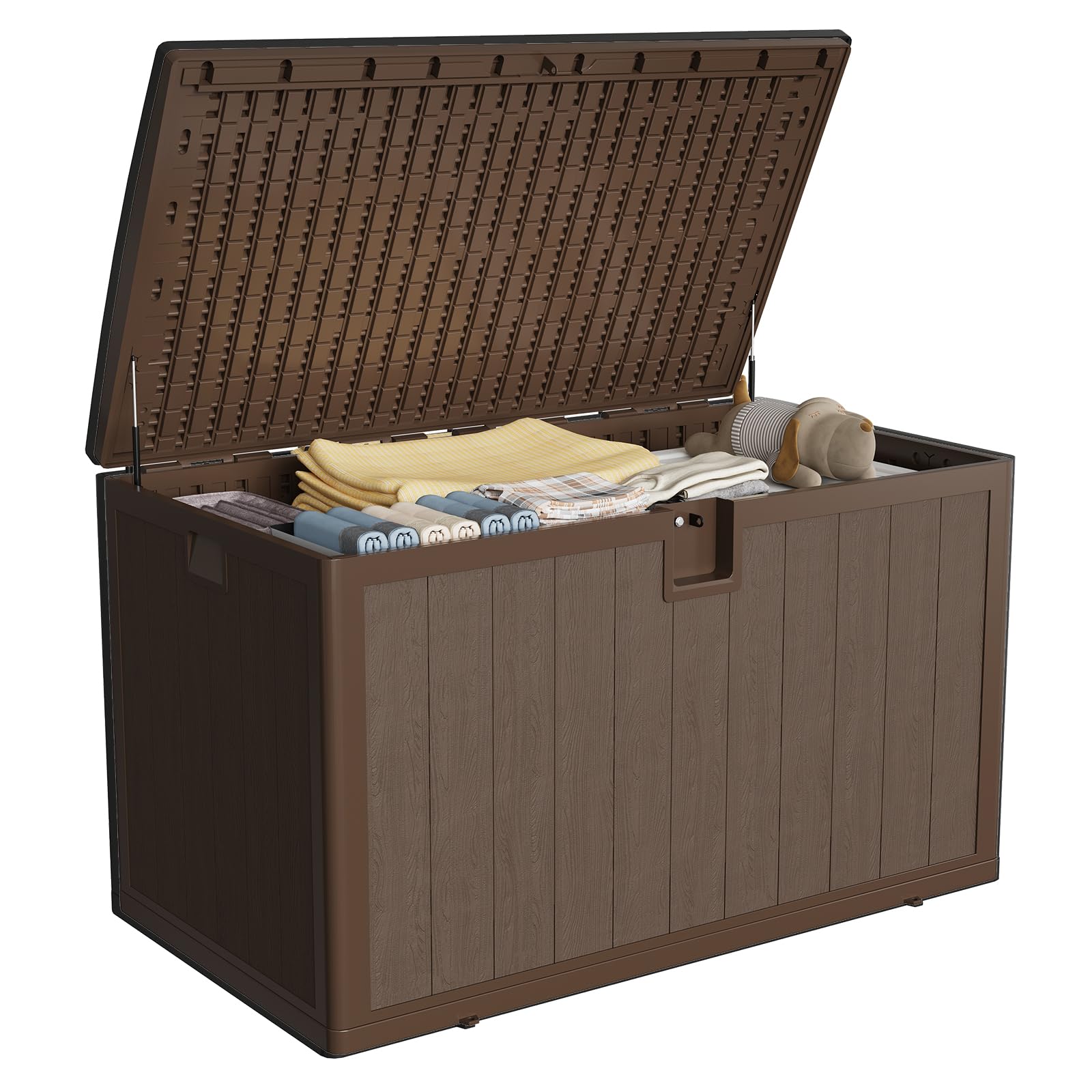 Garvee Brown 130 Gallon Outdoor Storage Box, Waterproof, Lockable Deck Bin For Patio Furniture, Garden Tools, Pool Accessories, Package Delivery, Durable Faux Wood Grain,