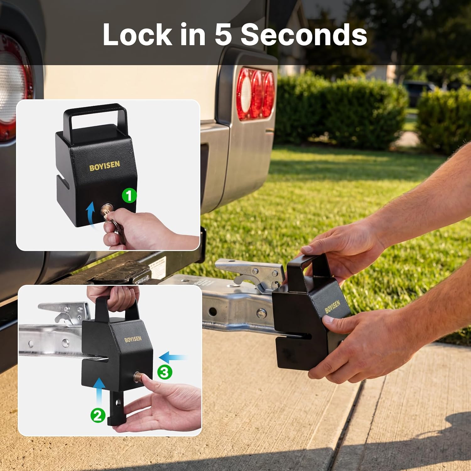 BOYISEN Universial Trailer Coupler Lock with Handle, Hitch Lock for Ball Hitch Fits 1-7/8", 2", 2-5/16" Couplers, Heavy-Duty Trailer Tongue Lock for Towing Rvs, Boat, 3 Keys, Dust Cover, Black