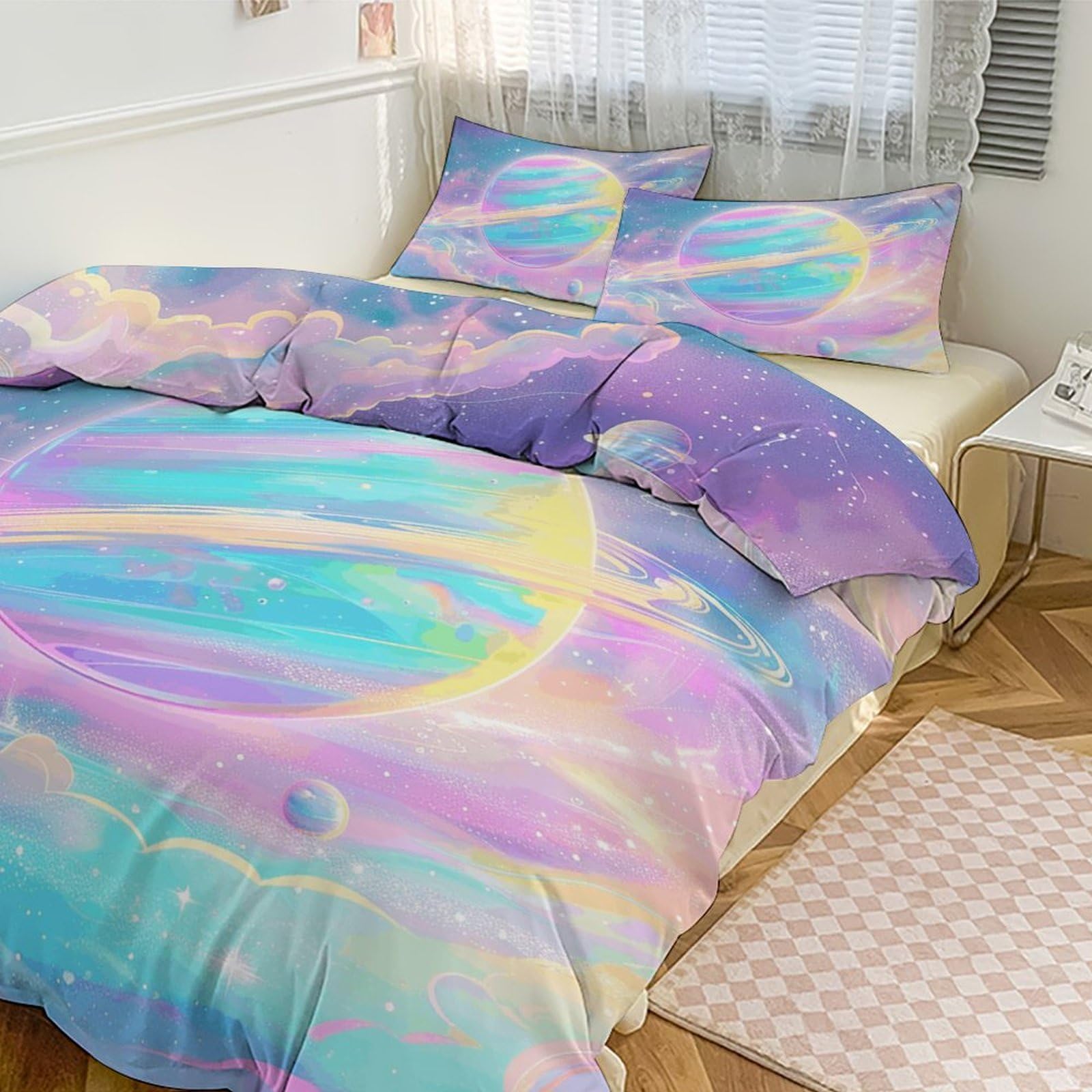 Housse de couette grand lit galaxie arc-en-ciel 259x228 cm avec 2 taies d'oreiller