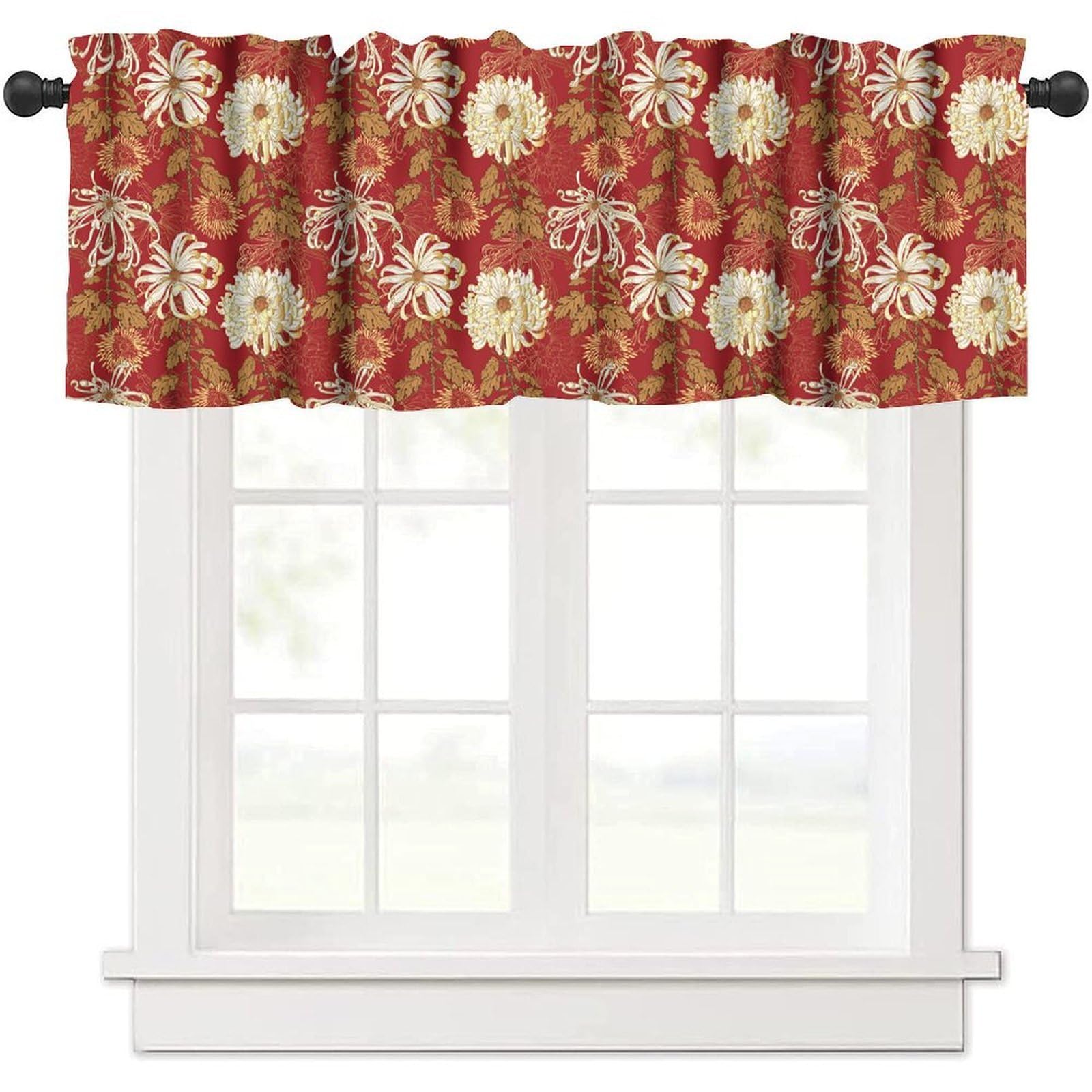 moderw Japanese Flower Valance Curtain Asian Chinese Traditional Golden Leaves Floral Chrysanthemum Red Window Treatment Valance for Home Dining Room Kitchen 54x18inch
