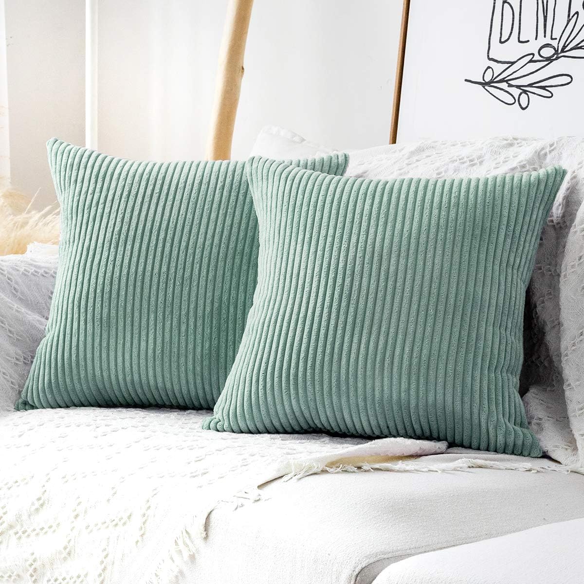 MUDILY Pack of 2 Fluffy Soft Velvet Corduroy Soft Decorative Square Throw Pillow Covers Set Cushion Cases Pillowcases for Sofa Bedroom Car, Grey Green 20 x 20 inch 50 x 50 cm