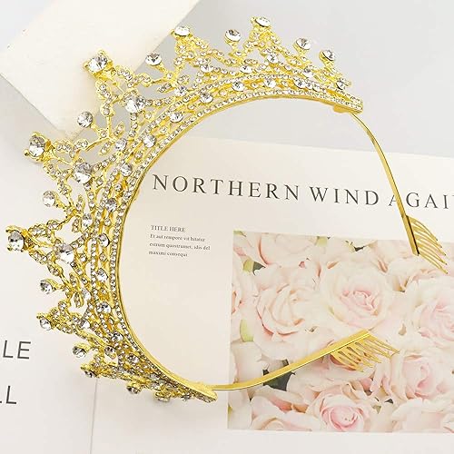 Miniatura 4 de Tiaras doradas con peine para mujer, diadema de cumpleaños, corona de reina para mujer, tiara dorada con diamantes de imitación transparentes para