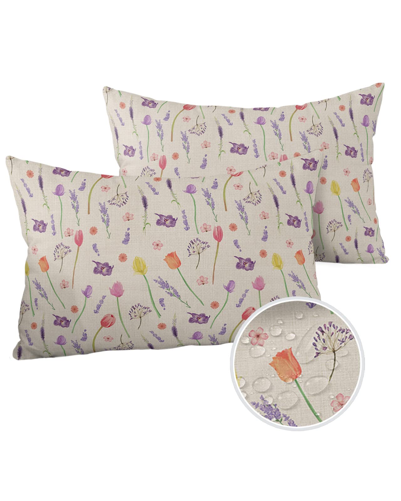 Outdoor Throw Pillow Covers 20x12 Waterproof Vintage Floral Spring Theme Outdoor Pillows Decorative Pillow Covers Cushion Covers Pillowcase for Tent Patio Garden Couch Set of 2, Tulip Lavender Flower
