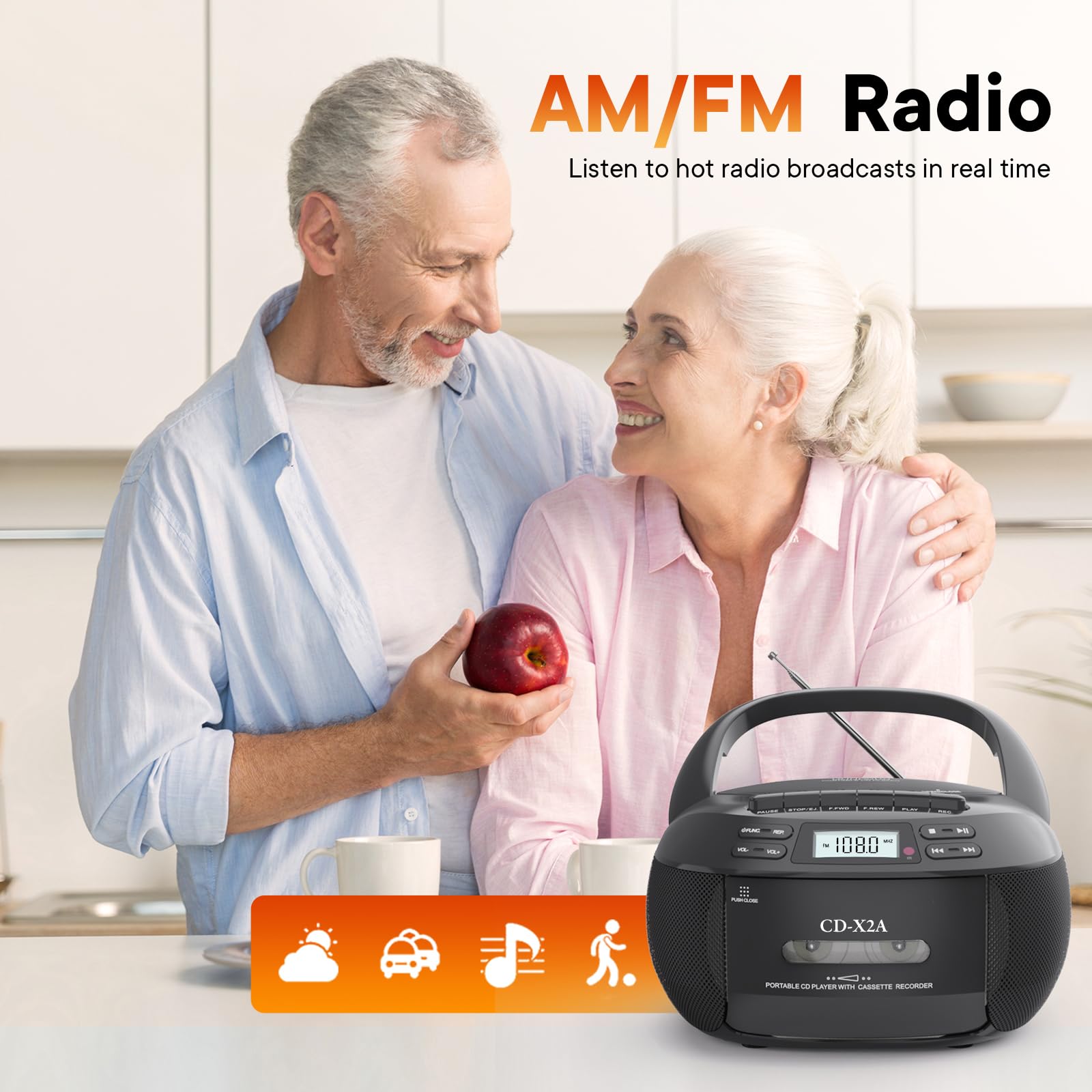 Lettore CD Boombox con Bluetooth, radio AM/FM, telecomando, suono stereo, AUX/USB, registrazione su nastro, alimentazione CA/CC, jack per cuffie, display LCD