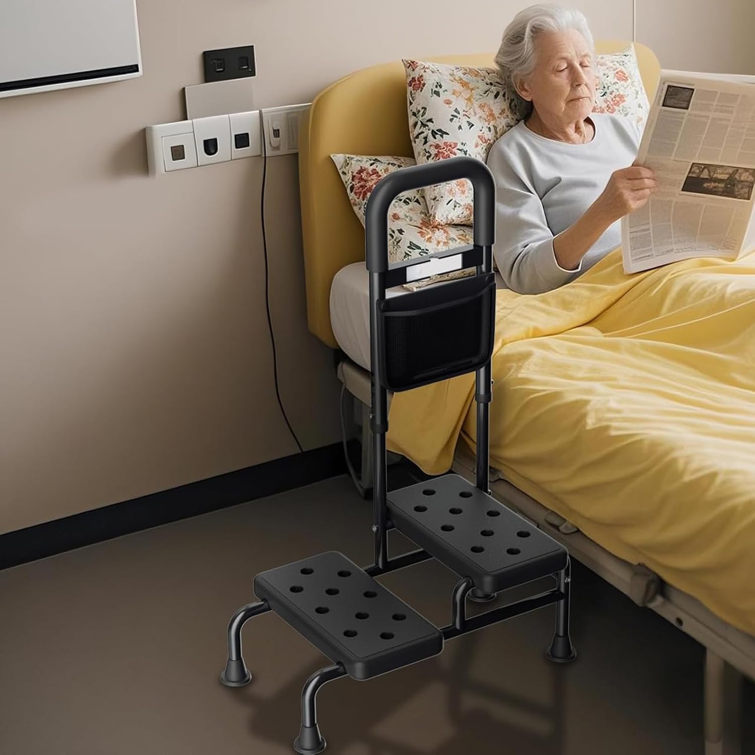 Step Stool with Handle for Adults- Step Stools for Seniors with Adjustable Handrail, Non-Skid Platform, Elderly, Foot Stool, Bed Steps for High Beds for Adults (2 Step Stool)