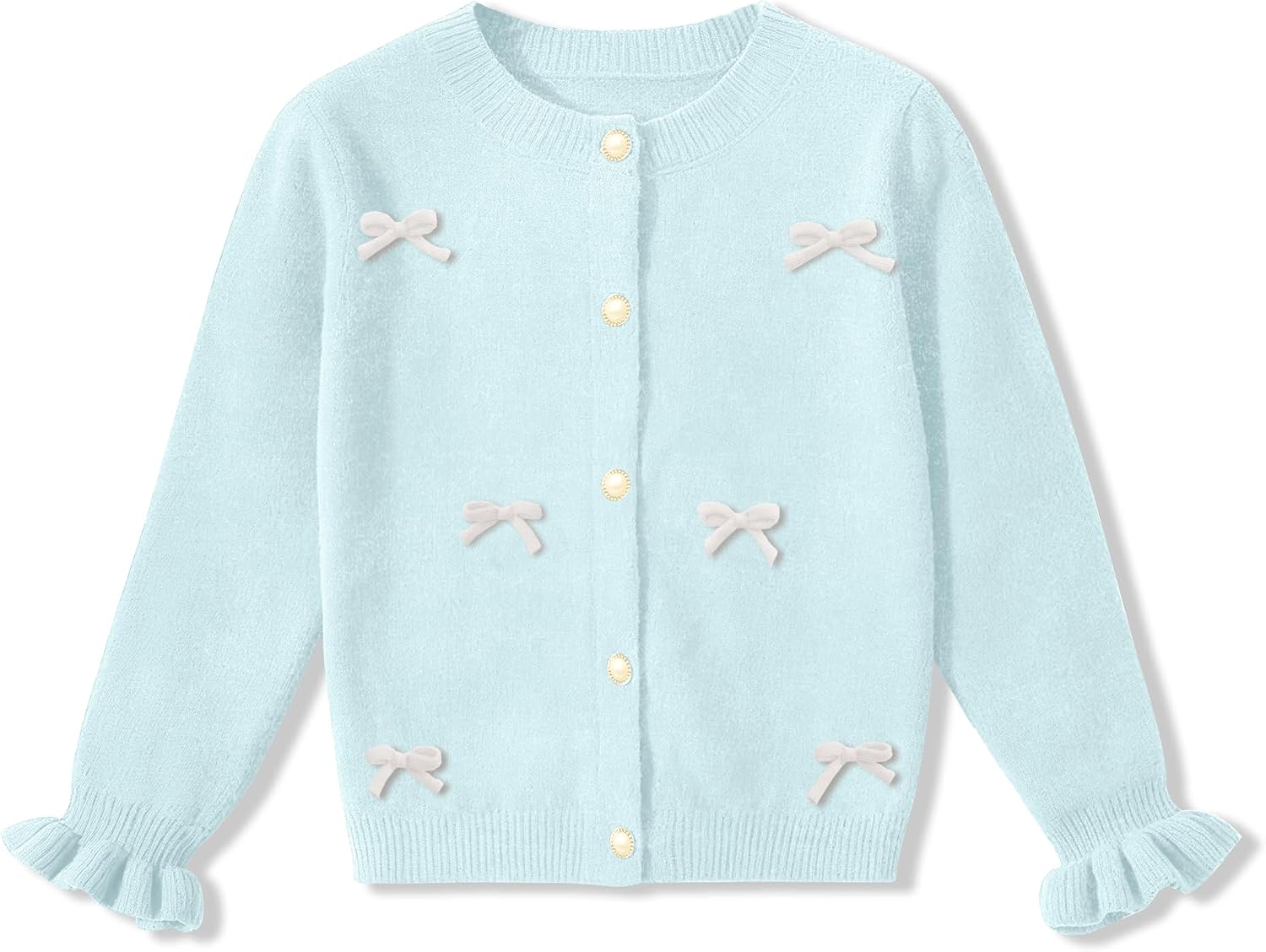 Big Girls Winter Long Ruffle Sleeve 3D Bow Knitted Button Down Sweater Back to School Cute Cardigan Light Blue 10 Years
