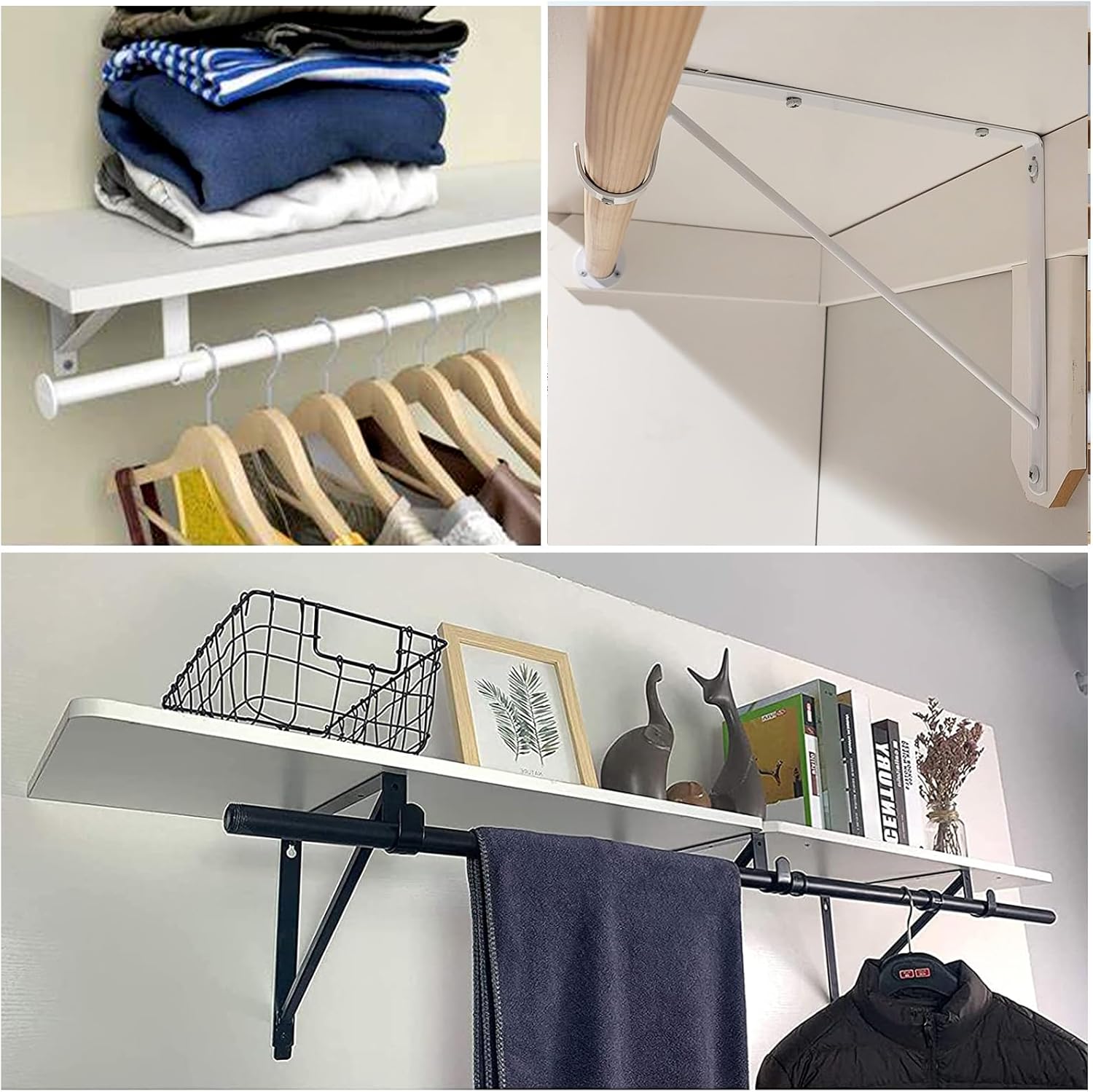 8 Pack Heavy Duty Closet Rod Bracket 11”x11” Closet Shelf & Rod Brackets, Right Angle Closet Shelf Bracket with Rod Holder, Closet Rod Center Support for Revive Your Sagging Rod, Withe