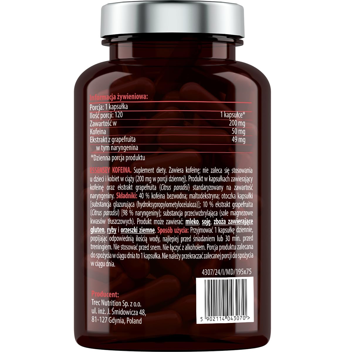 ESSENSEY - Kapsułki z Kofeiną I Kofeina 200 mg I 120 Kapsułek I Ekstrakt z grejpfruta 50 mg - I Naryngenina 49 mg I Dla wegetarianI 120 Dniowych porcji I Kapsułka z celulozy